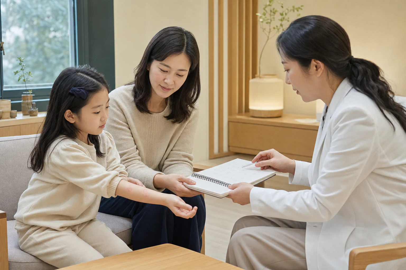 한국인 아이와 보호자가 팔의 가벼운 피부 변화와 생활 기록을 의료진과 함께 확인하는 소아 아토피 상담 장면
