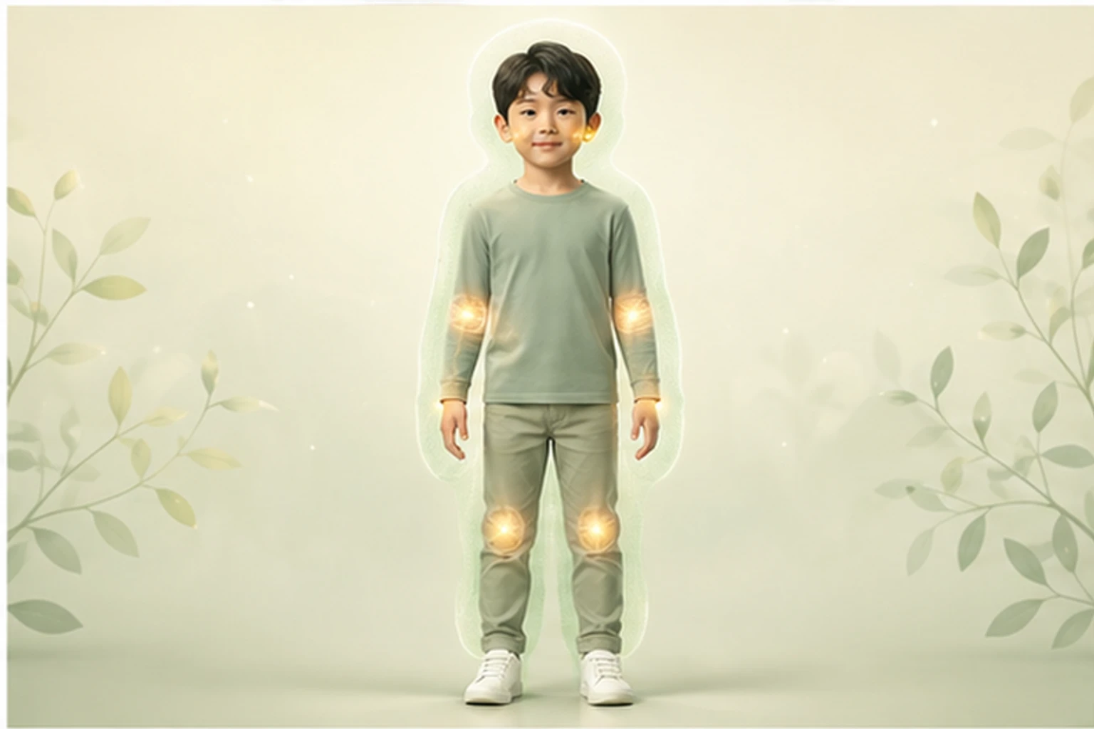 소아아토피과 관련된 신체 부위를 머리부터 발끝까지 온전히 보이는 아이 위에 밝고 친근하게 보여 주는 소아 서양의학 교육 이미지