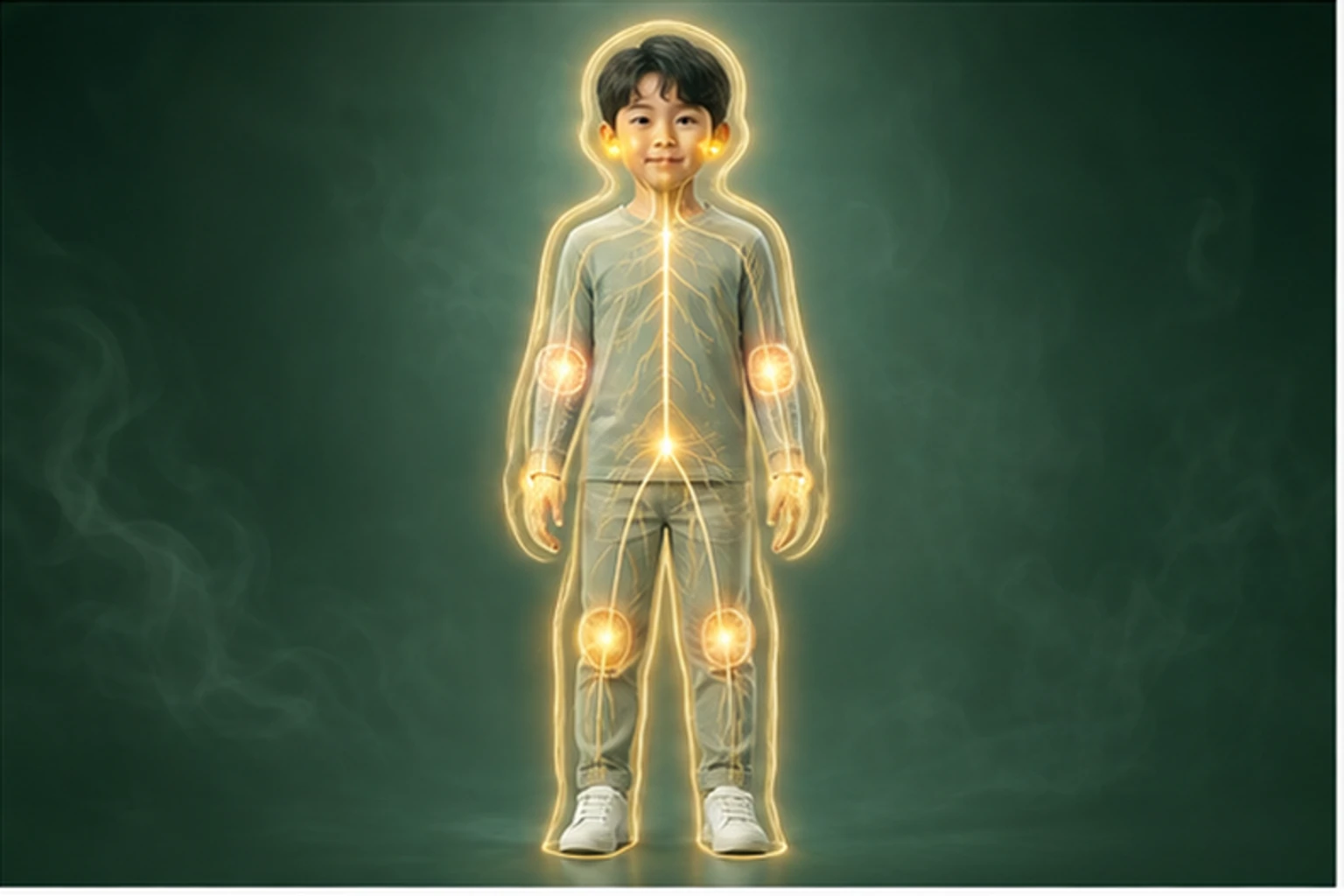 머리와 몸통, 팔다리에 금빛 선이 이어진 아이의 전신 도식