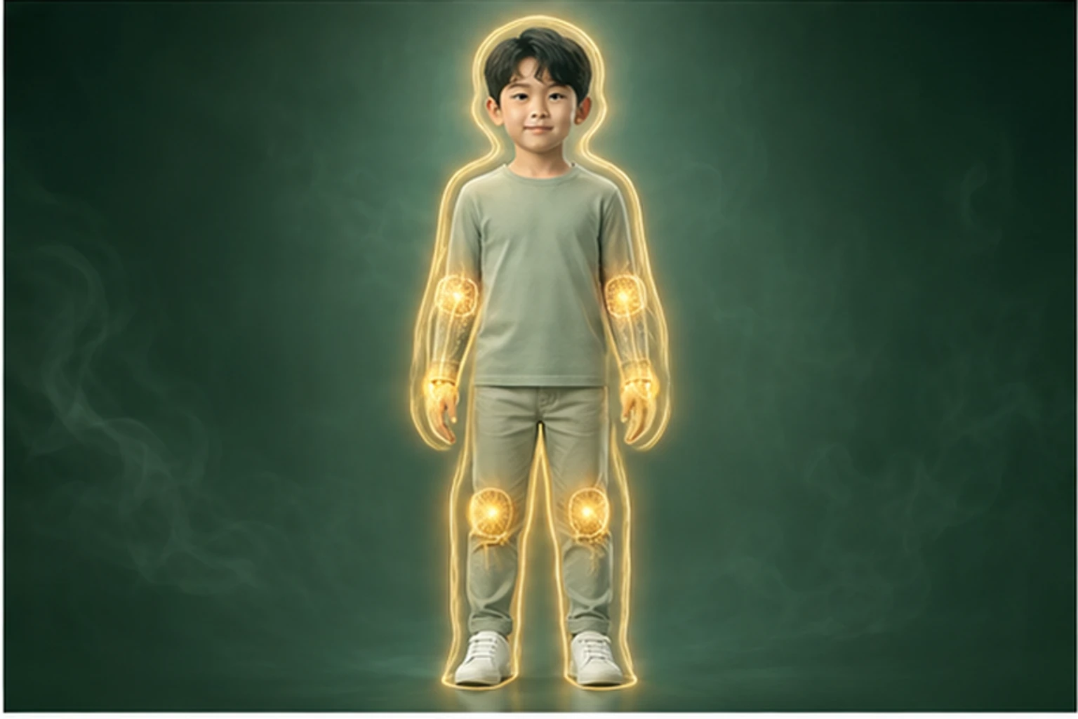 아이의 전신 윤곽과 팔다리에 금빛 선이 표시된 도식