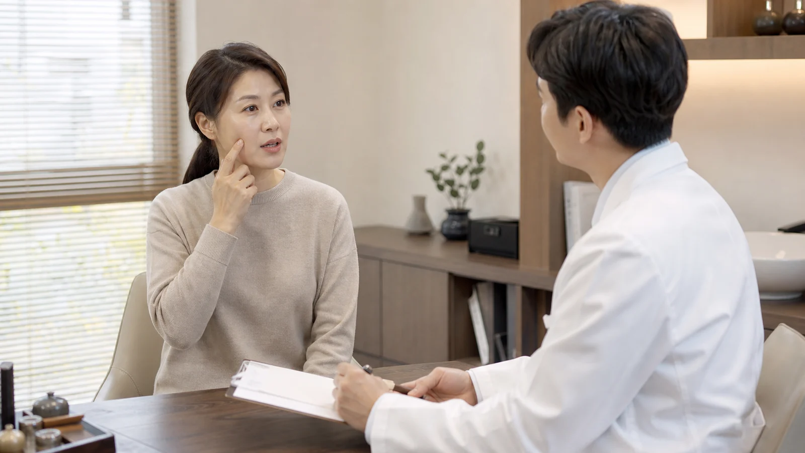 비정형안면통 환자가 한국 한의원 상담실에서 볼과 턱 주변 통증을 설명하는 장면