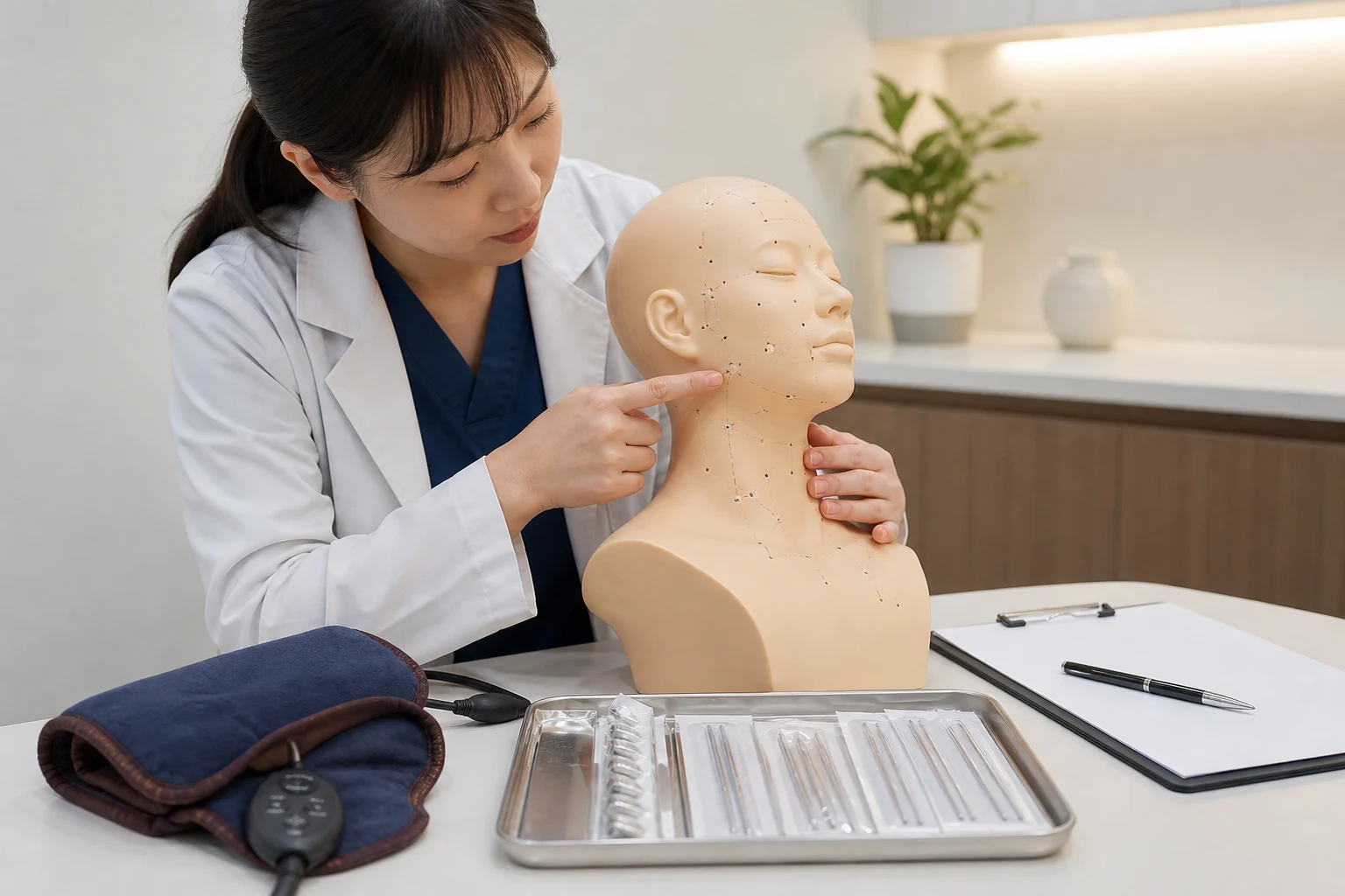 비정형안면통 치료 순서를 위해 얼굴과 목 모델, 침 치료 도구, 온열 장비를 확인하는 한의원 진료 장면