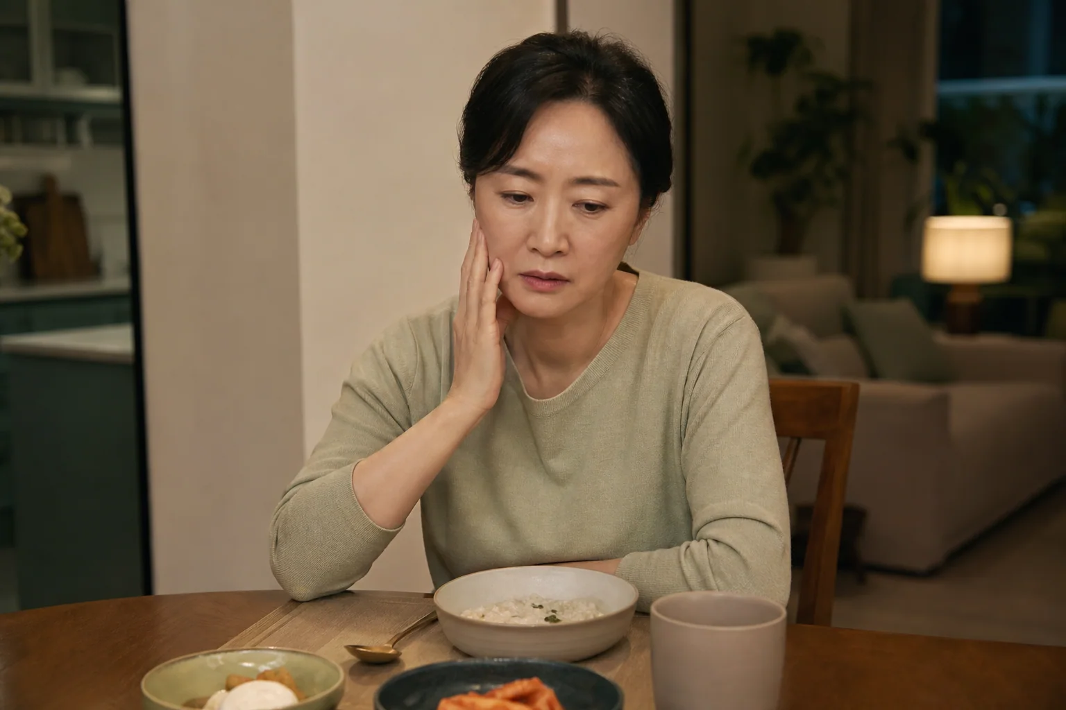 비정형 안면통으로 볼·턱의 넓은 부위가 묵직하게 아픈 한국인 여성 한 명이 저녁 식사와 대화를 멈춘 생활 장면