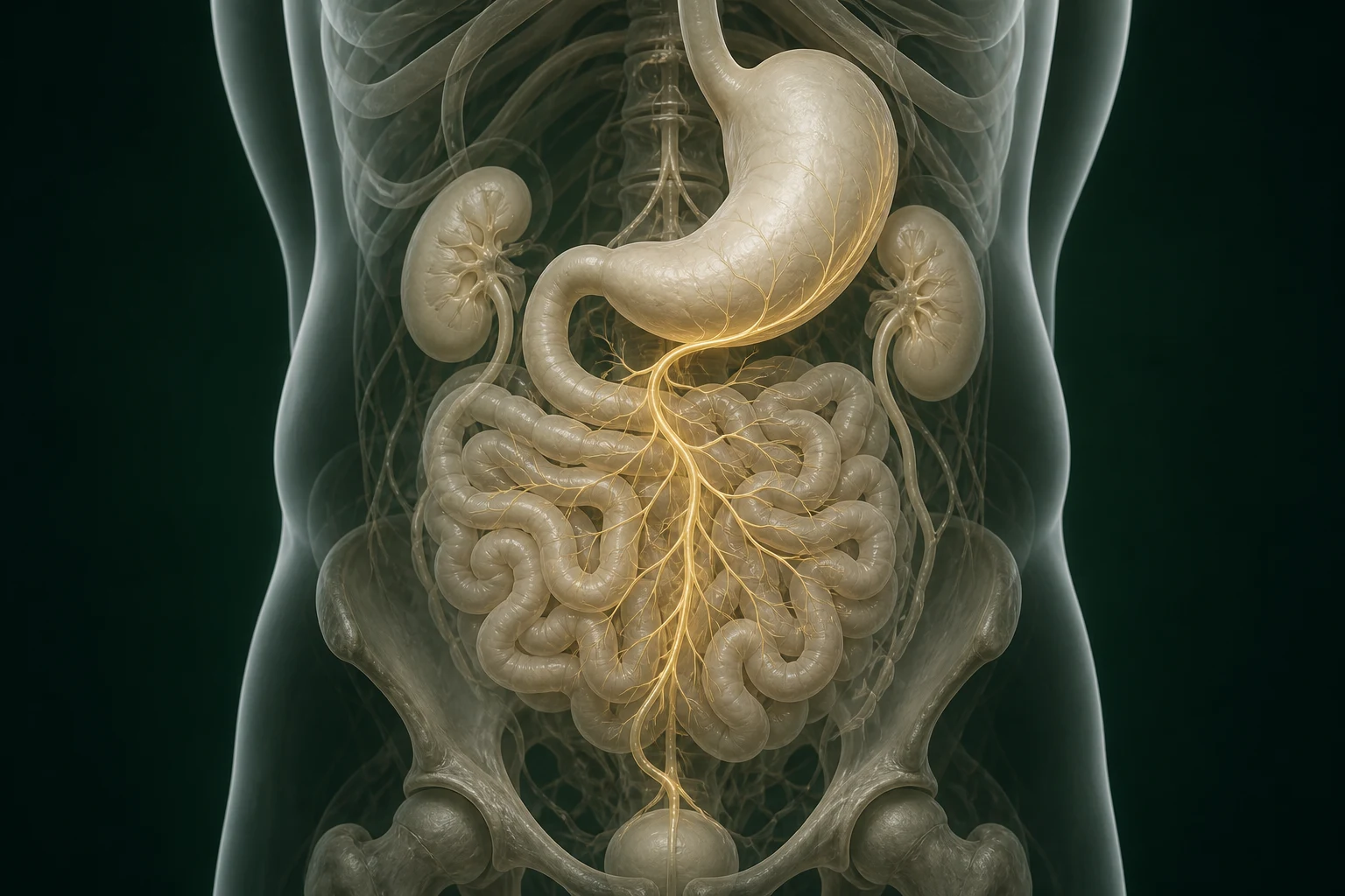 자율신경실조증 물질의 흐름을 익명 반투명 인체와 절제된 금빛 경로로 보여 주는 이미지