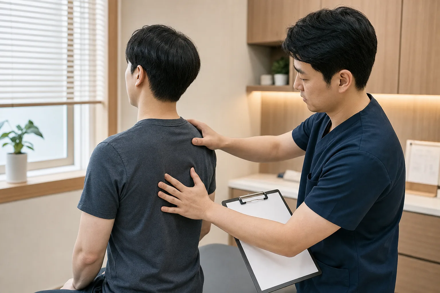 한국인 의료진이 등 근막통증증후군 환자의 견갑 움직임과 등 압통점을 국내 진료실에서 확인하는 장면