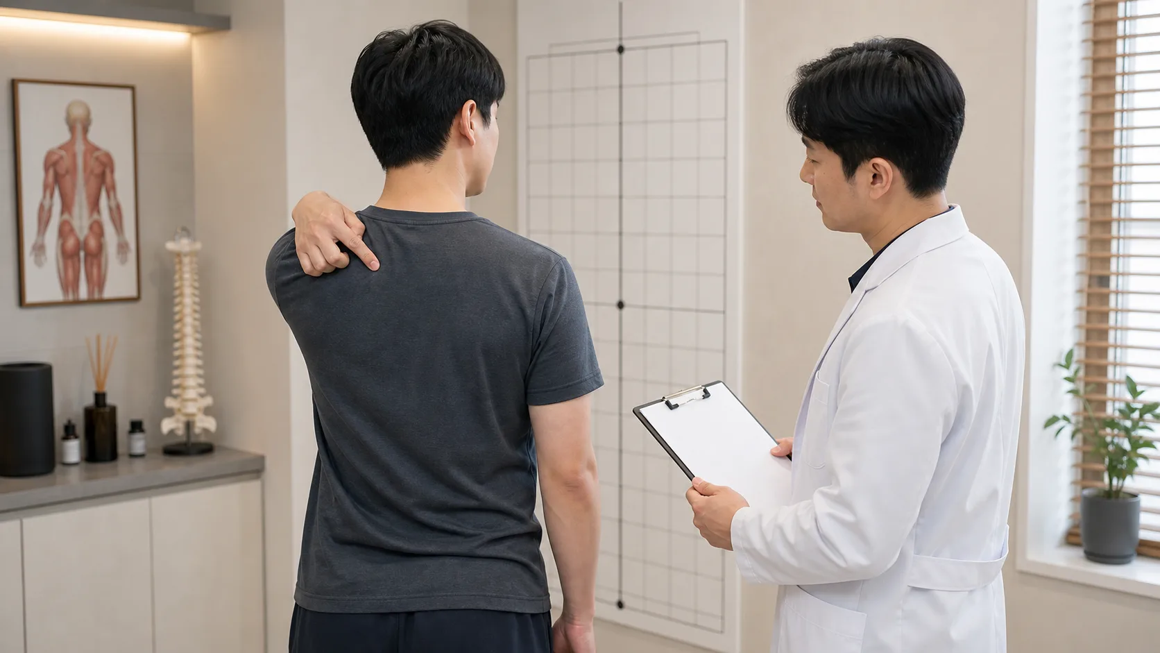 한국인 등 근막통증증후군 환자가 견갑 사이 통증 부위를 국내 한의원 자세 평가 공간에서 의료진에게 설명하는 장면