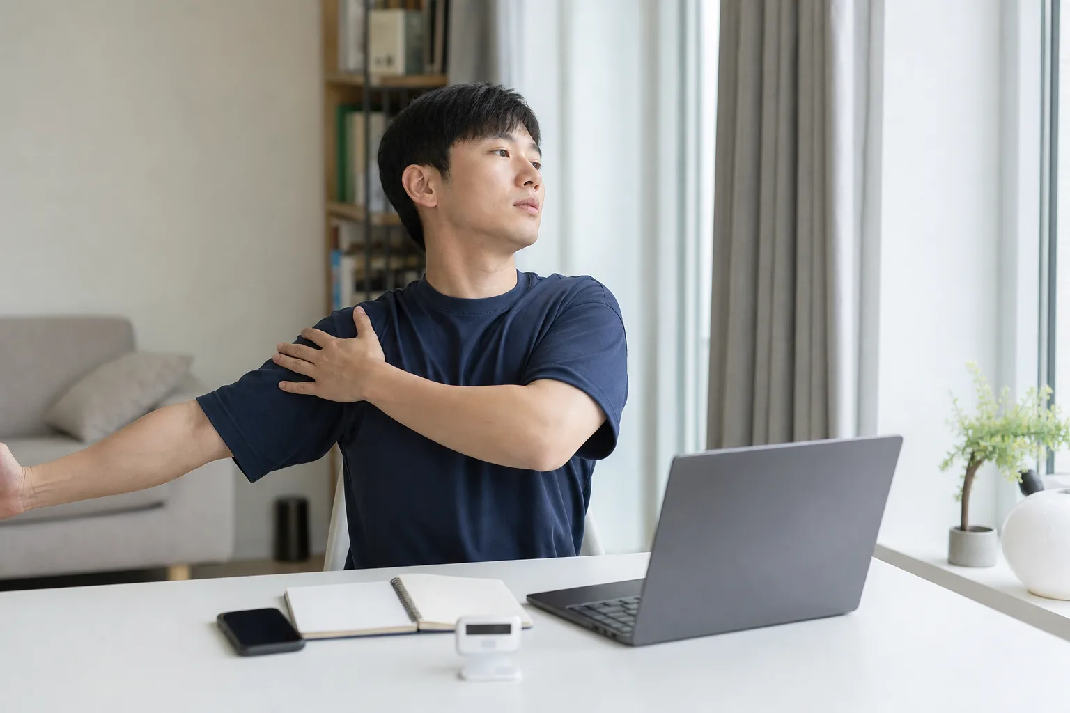 한국인 환자가 컴퓨터 작업 뒤 견갑 사이 등 근막통증을 느끼며 증상 기록 노트를 둔 생활 장면