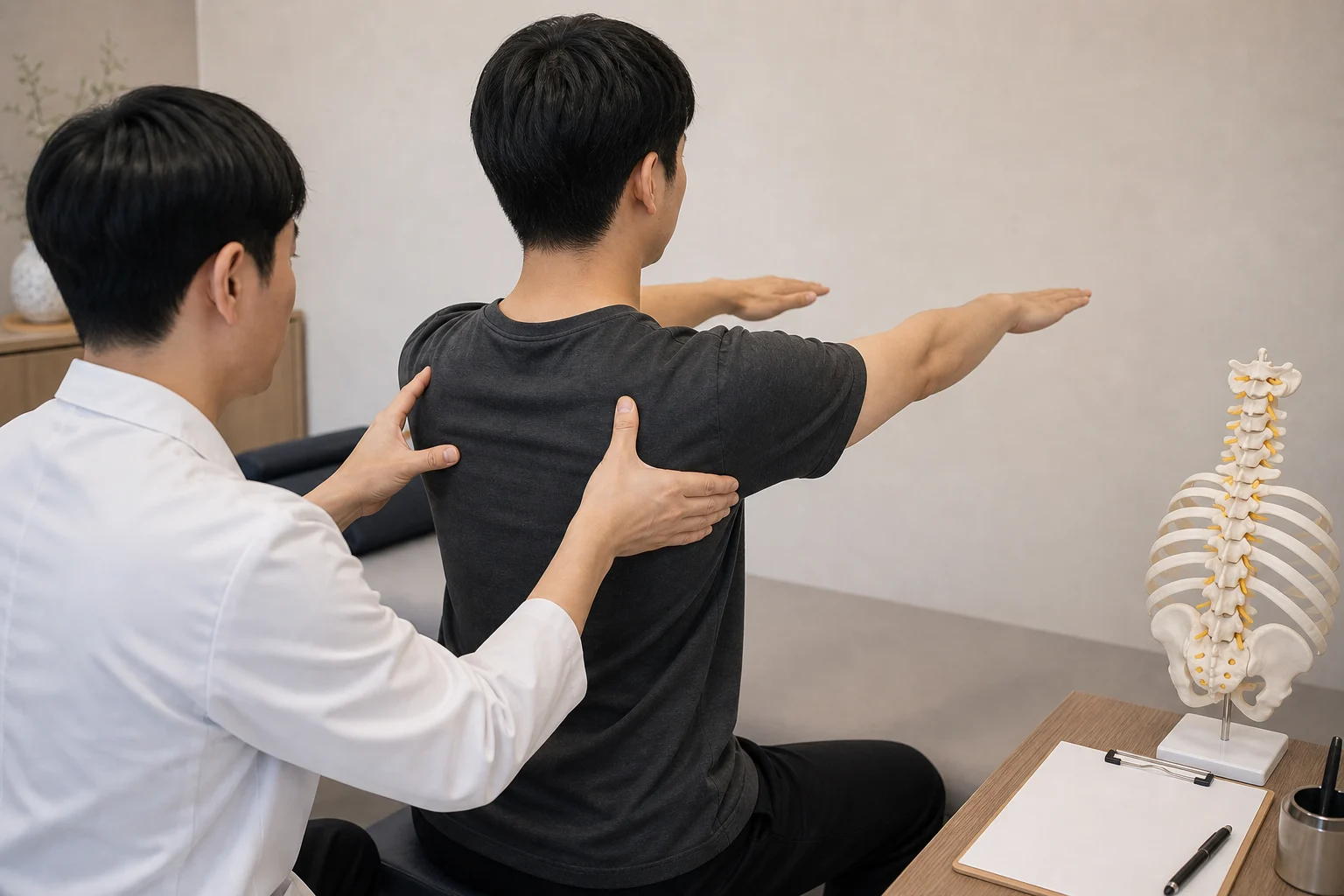 한국인 의료진이 등 통증 환자의 견갑골 움직임과 흉추 가동 범위를 확인하는 국내 진료실 장면