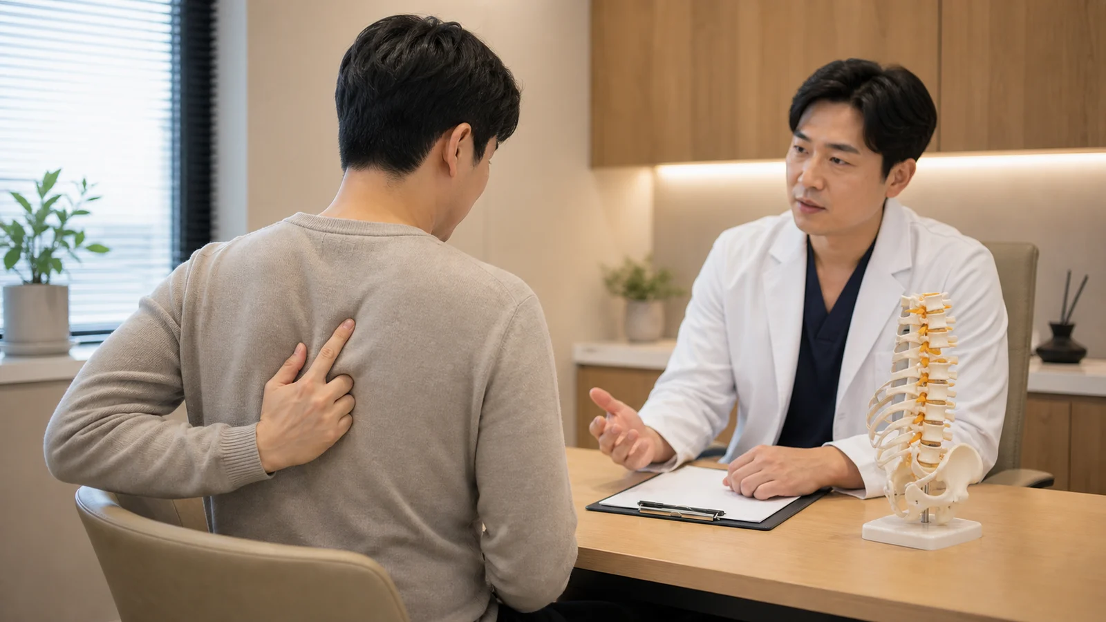 한국인 등 통증 환자가 견갑골 사이 상부 등을 짚으며 국내 한의원 상담실에서 설명하는 장면