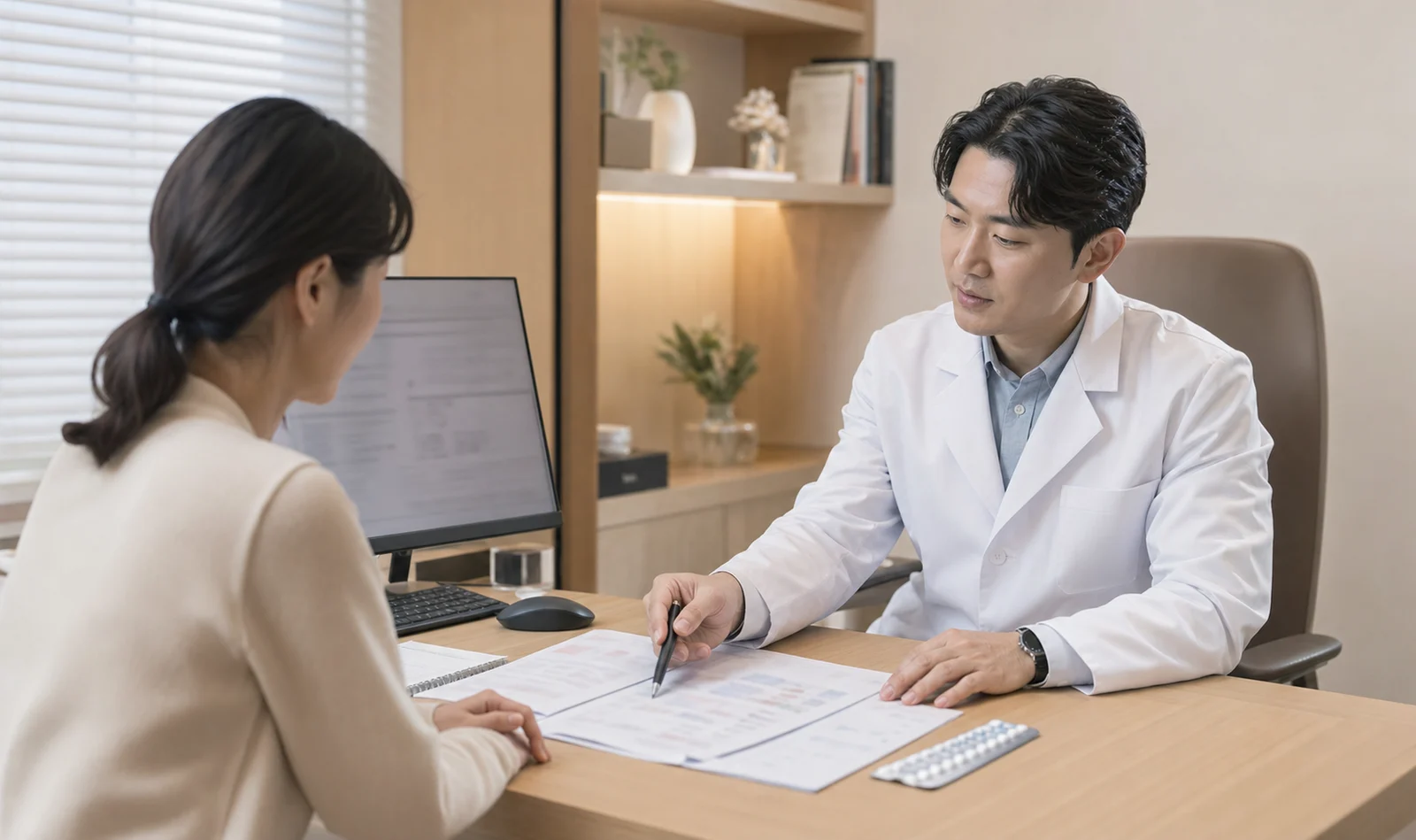 베체트병 환자가 구강 궤양과 눈 증상, 복용 약 기록을 들고 초진 상담을 시작하는 모던 한의원 장면