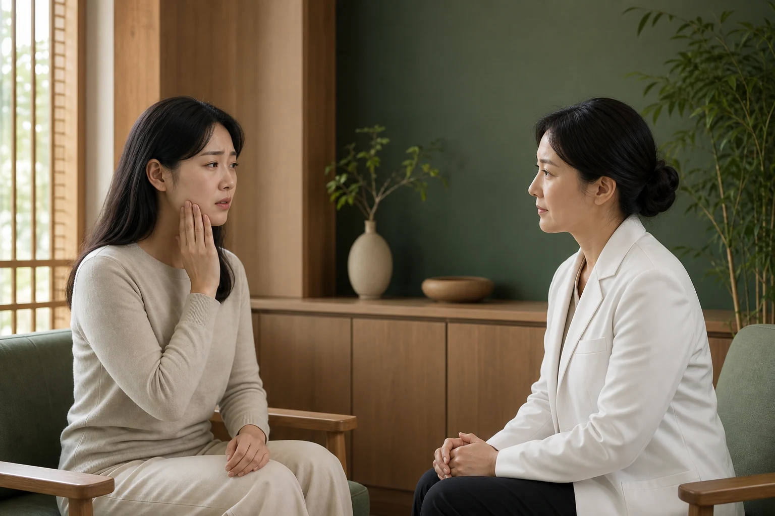 베체트병으로 겪는 불편을 상담하는 환자와 의료진