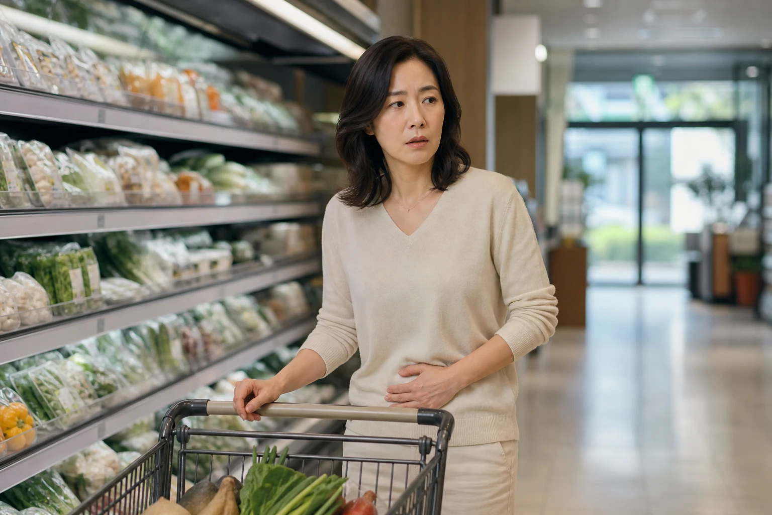 방광통증 진료 체크포인트에서 소변검사 기록과 배뇨 시간표, 방광 모형을 함께 확인하는 장면
