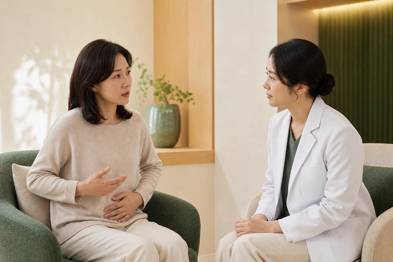 방광통증 환자가 증상 시간표와 검사 기록을 놓고 한의원 초진 상담을 받는 장면