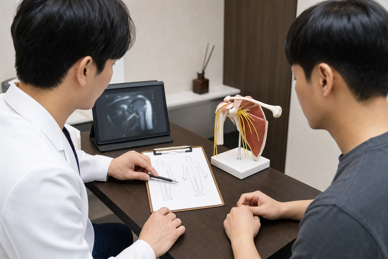 상완신경통 진료 체크포인트에서 어깨와 팔 신경 모형, 영상 기록, 문진 자료를 확인하는 장면