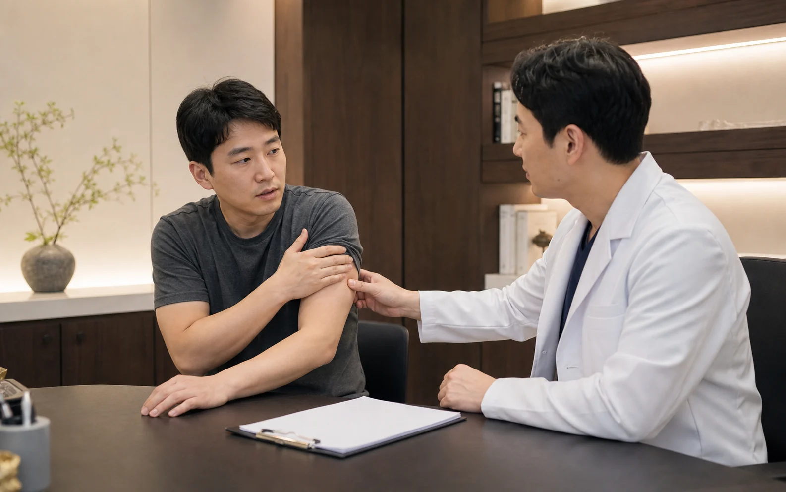 상완신경통 환자가 국내 한의원 진료실에서 위팔 통증과 저림을 한국인 의료진에게 설명하는 장면