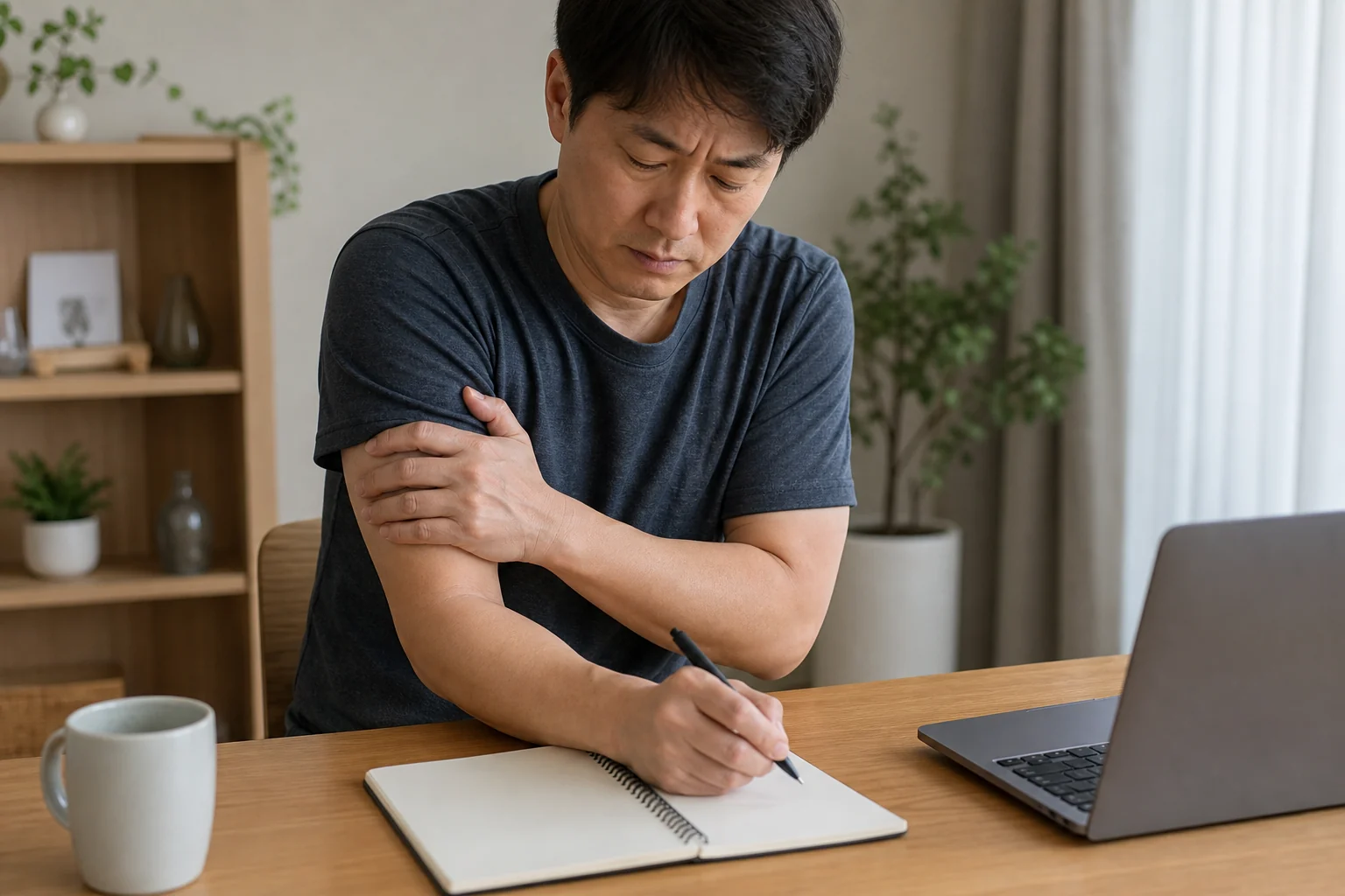 상완신경통 환자가 위팔 통증과 컴퓨터 작업 후 악화, 수면 자세 변화를 기록하는 장면