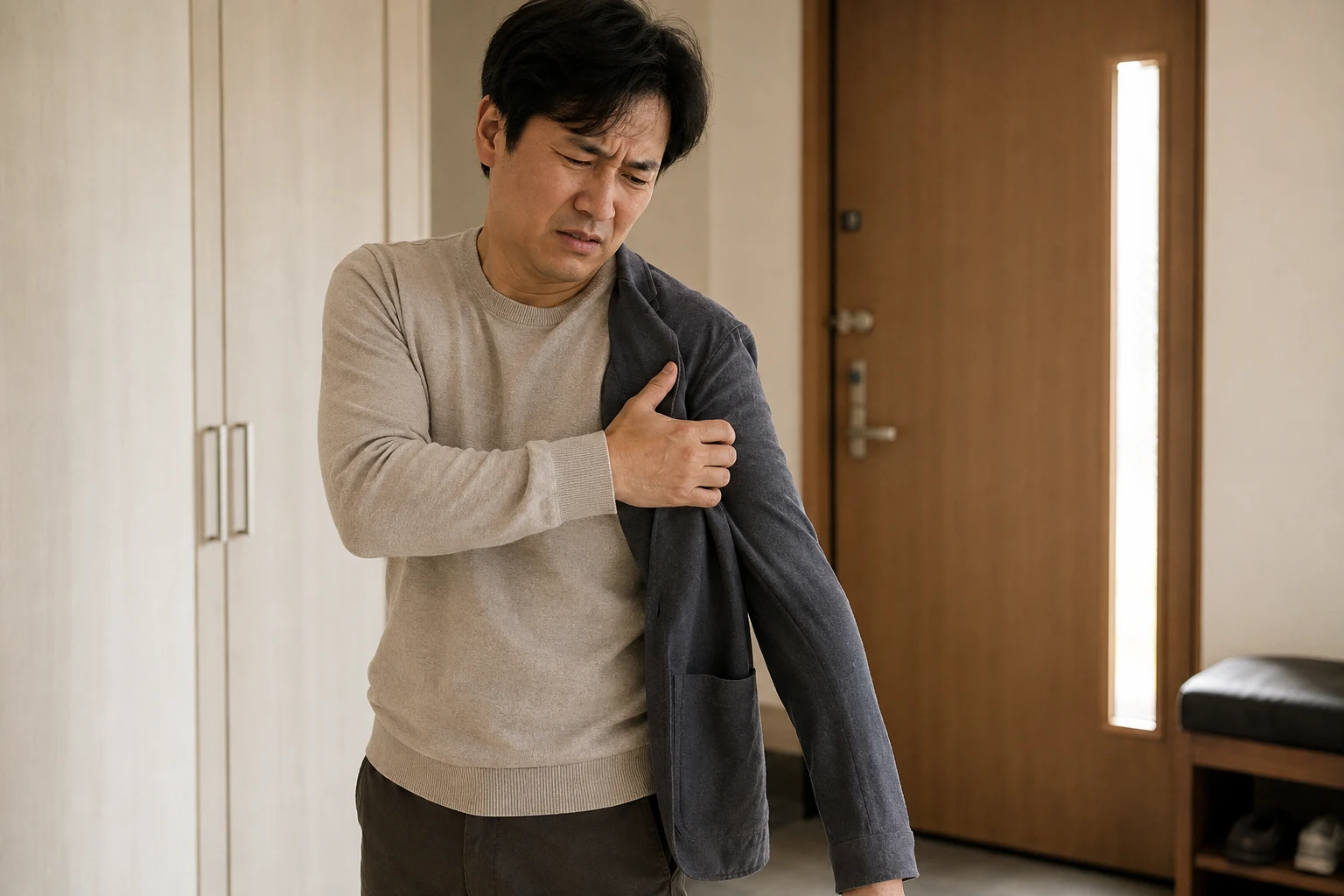 외출 준비 중 재킷을 입다가 목에서 위팔로 이어지는 통증에 어깨와 팔을 감싸고 멈춘 성인
