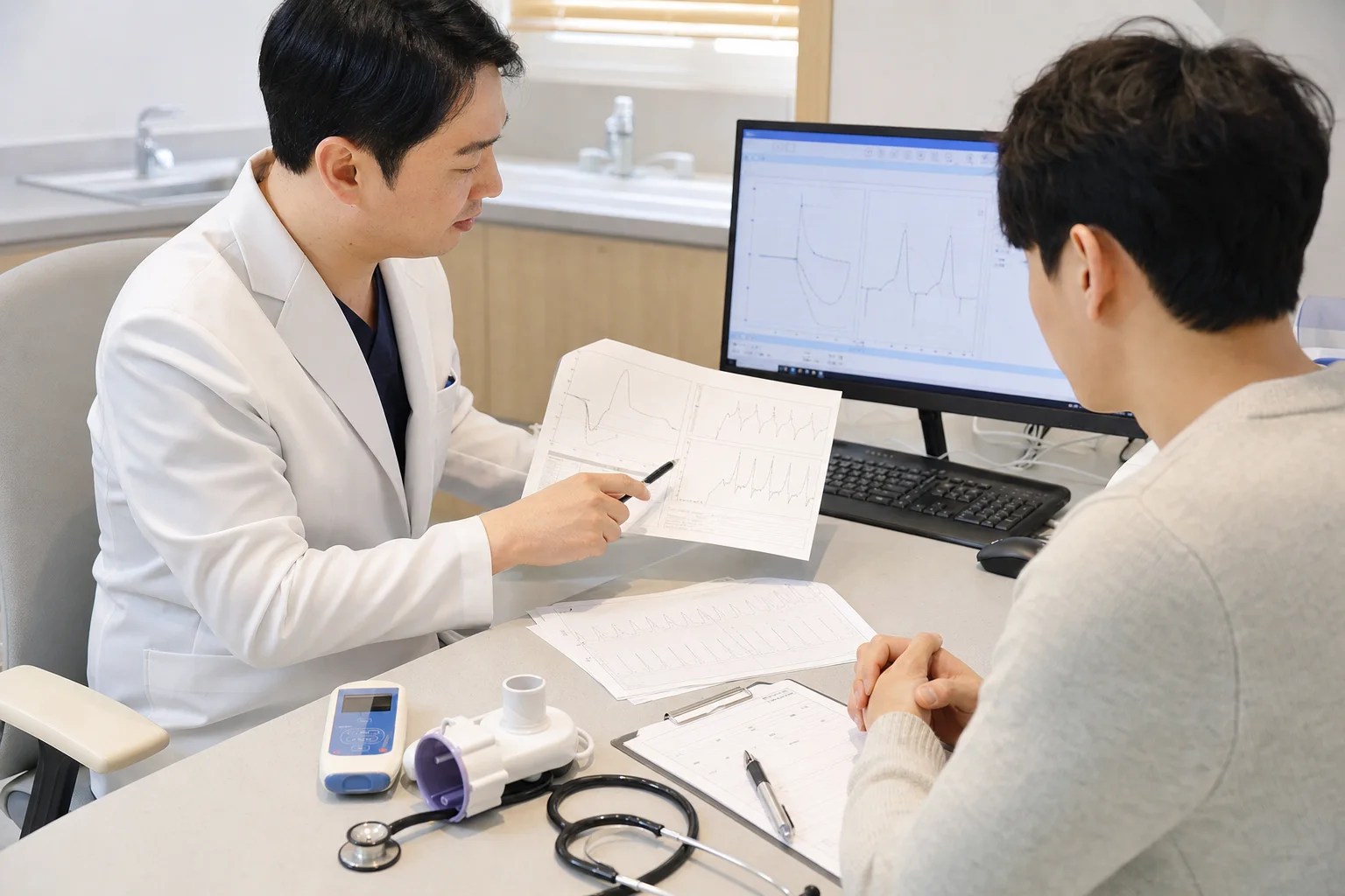국내 진료실에서 폐기능 자료와 호흡기 상담 기록을 함께 확인하는 장면
