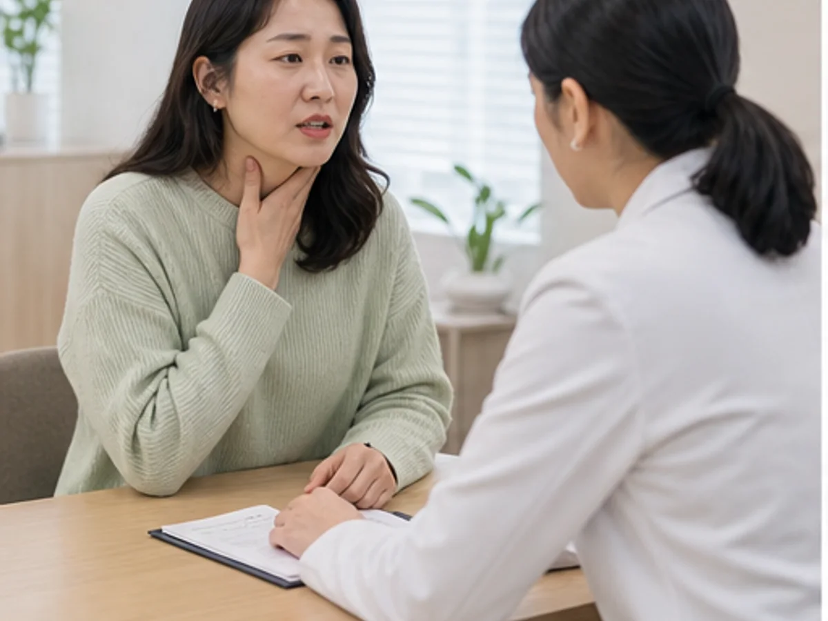 목 옆에 손을 댄 여성이 의료진과 마주 앉아 이야기하는 상담 장면