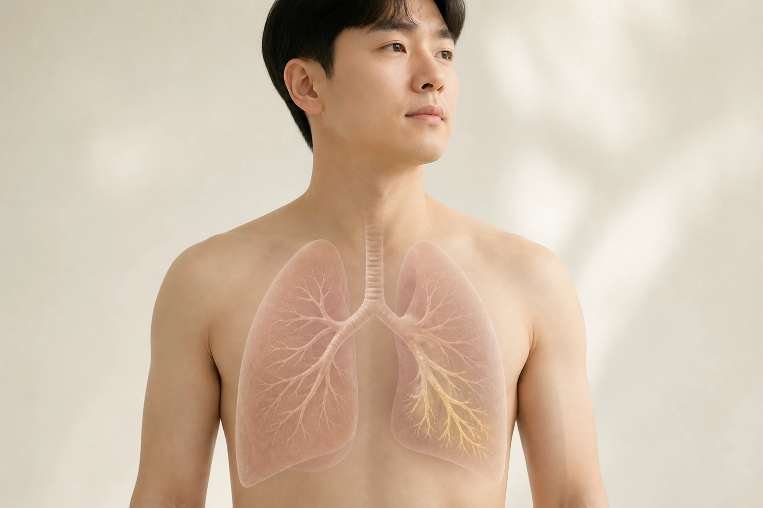 반투명 상반신에서 넓어진 하부 기관지와 분비물 정체 위치를 절제해 보여 주는 의료 렌더