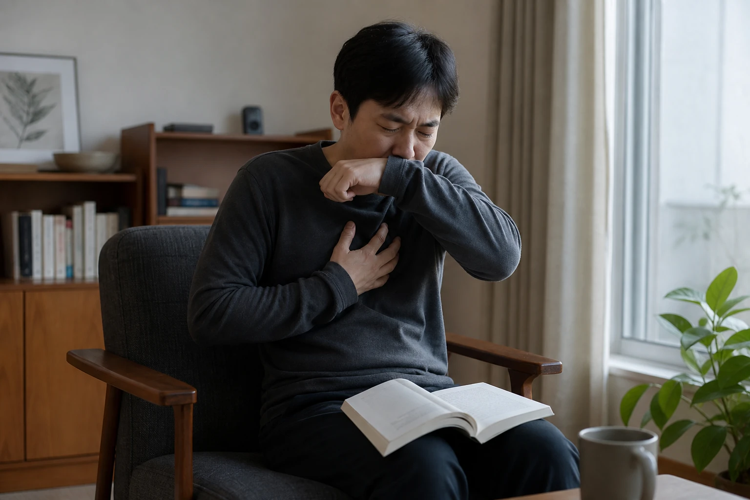 기관지염 진료 전 증상과 검사·기록을 확인하는 장면
