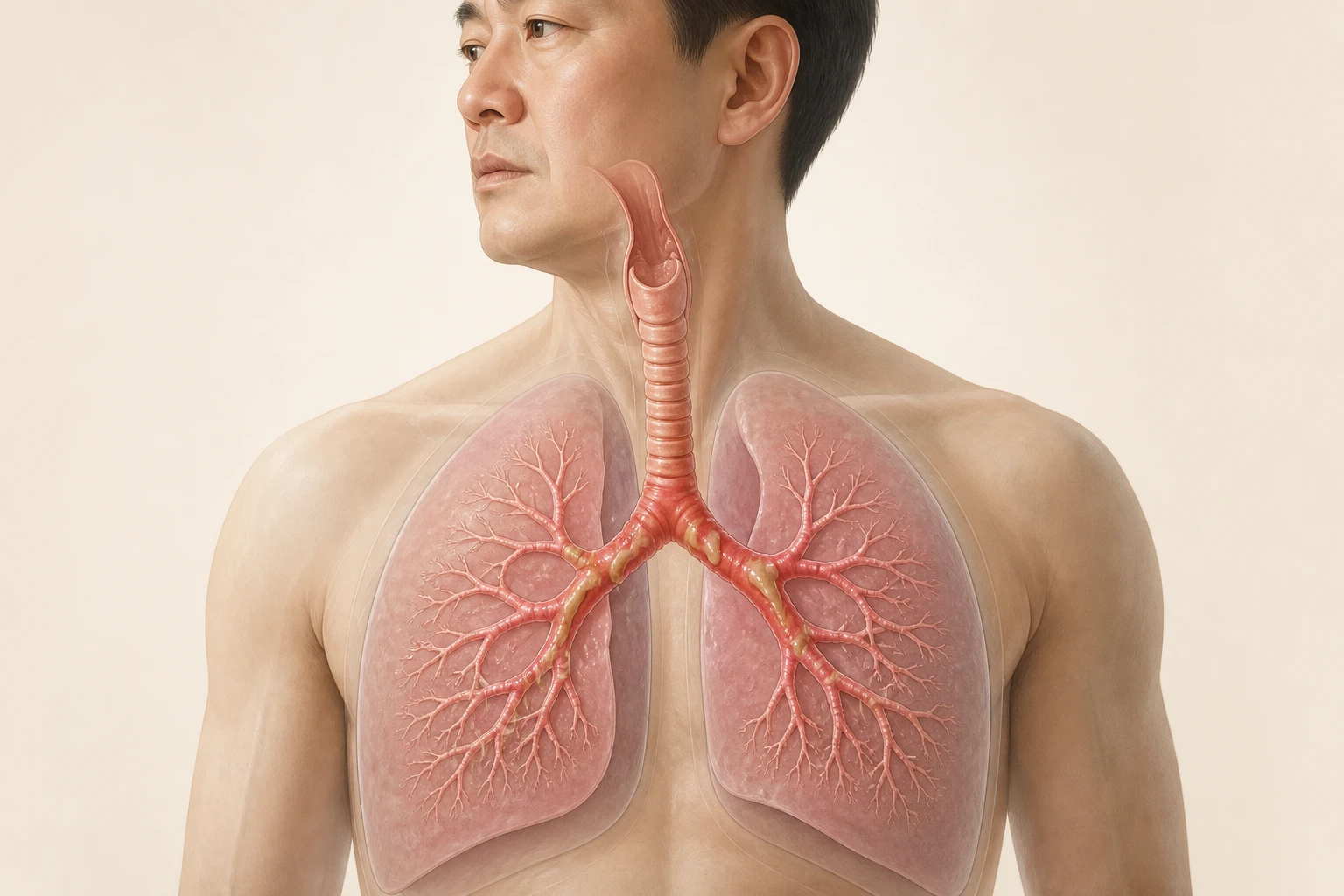 기관지 점막 부종과 늘어난 점액으로 좁아진 기도