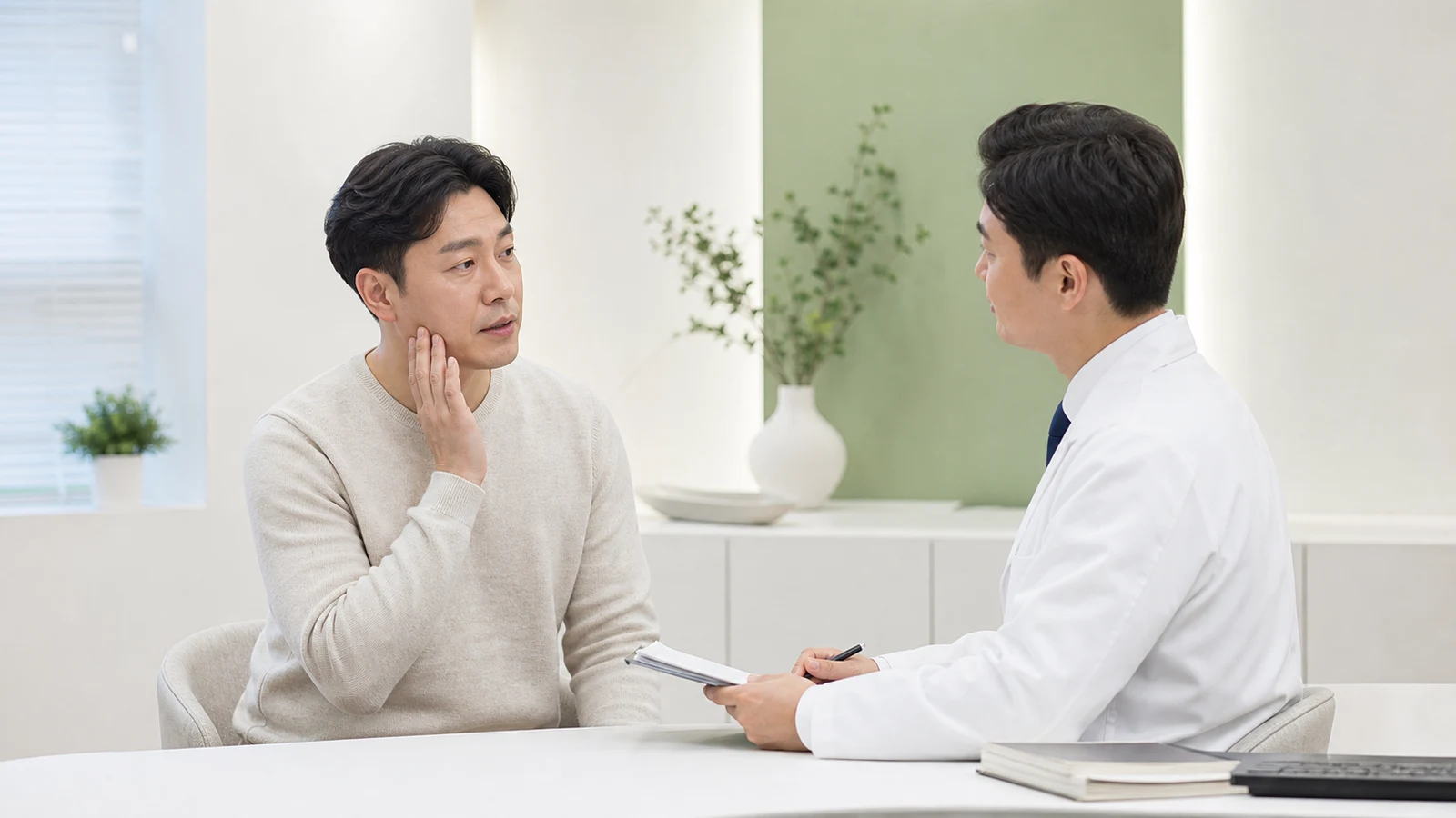 한국인 환자가 한의원 진료실에서 턱 뻐근함과 이갈이 상담을 시작하는 장면
