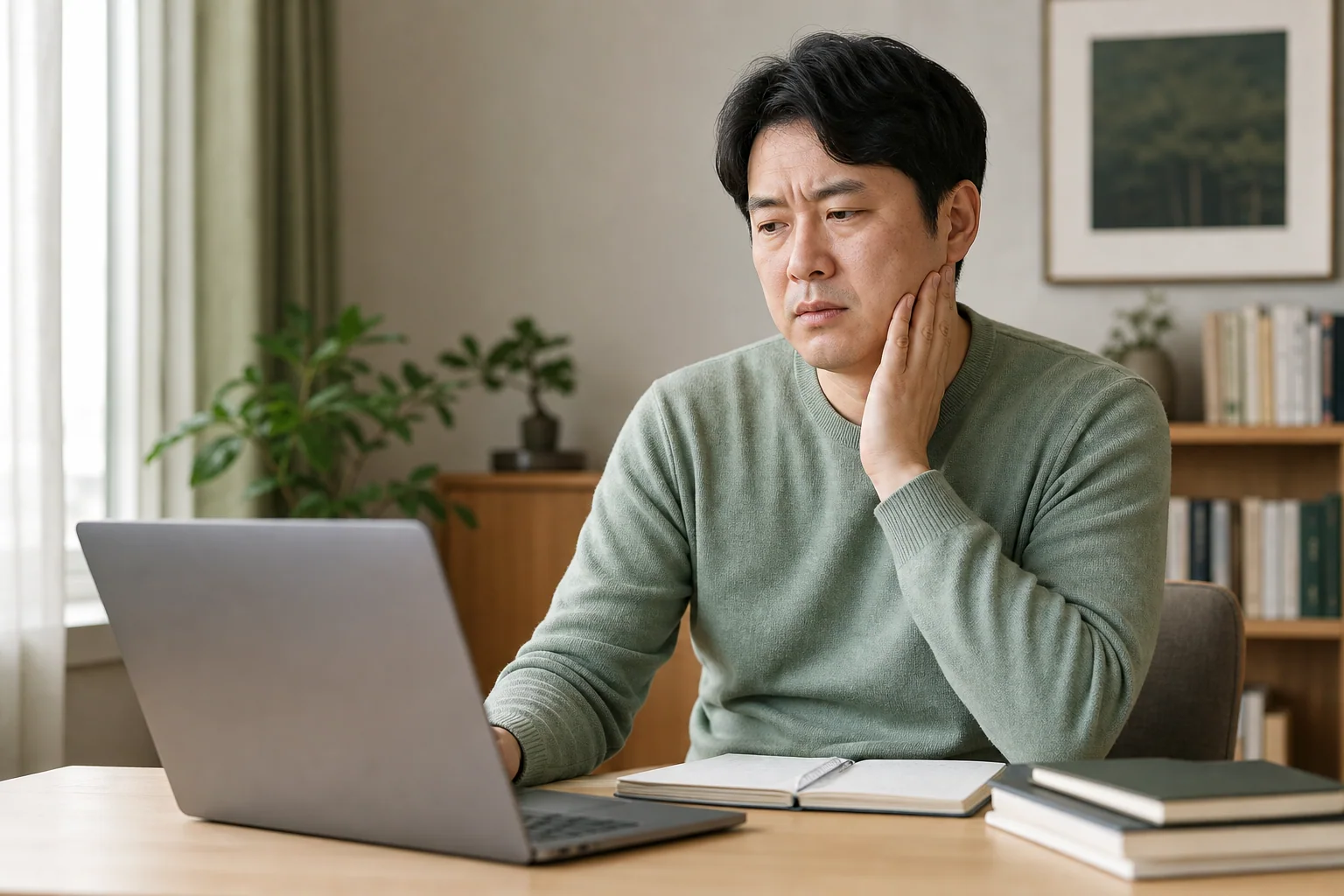 집중할 때 이를 악물어 턱과 관자놀이가 뻐근한 한국인 남성 한 명이 집 컴퓨터 작업을 멈춘 생활 장면