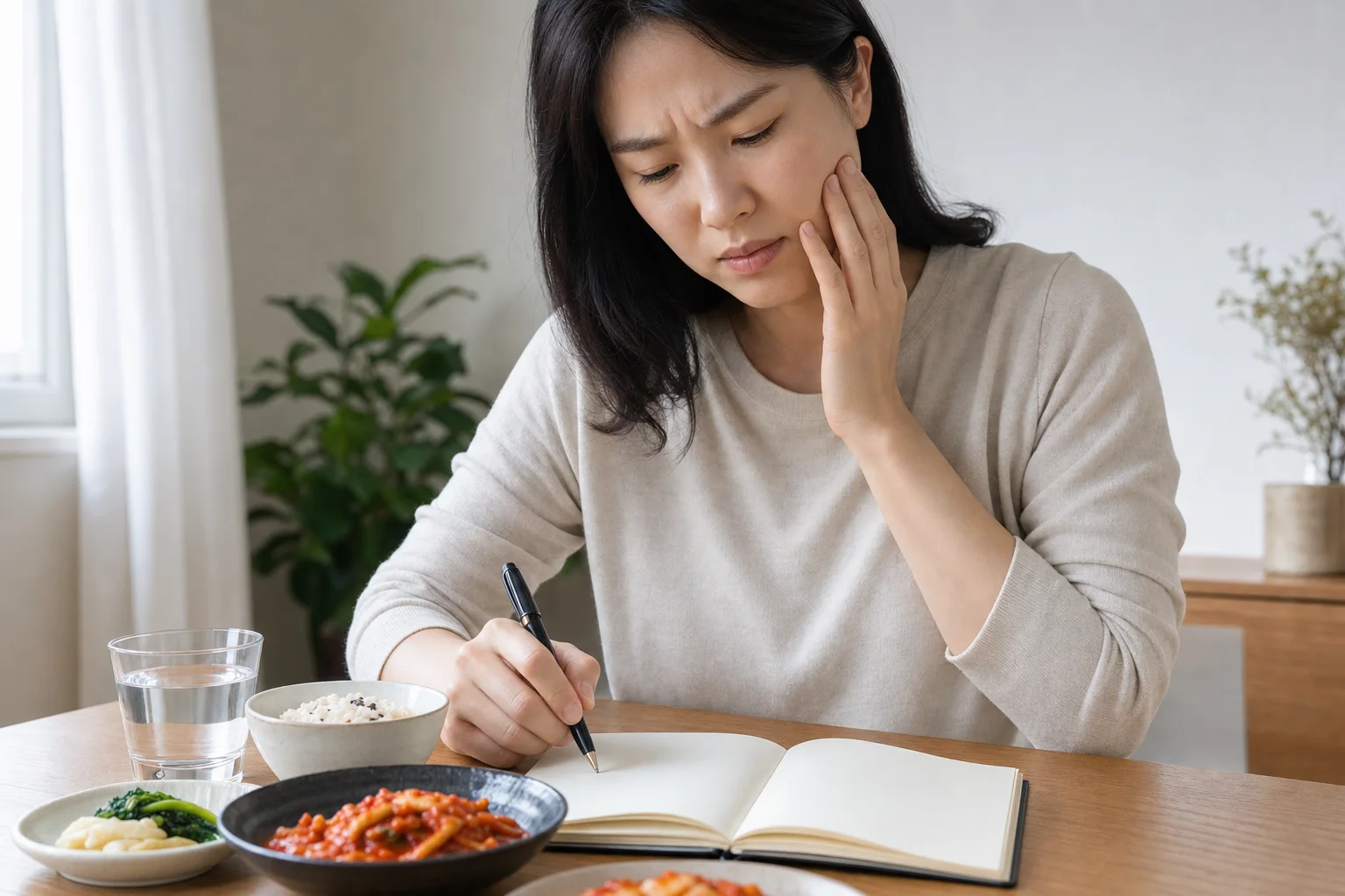 구강작열감증후군 환자가 식사 후 입안 화끈거림과 구강건조, 수면 상태를 생활 기록으로 적는 장면