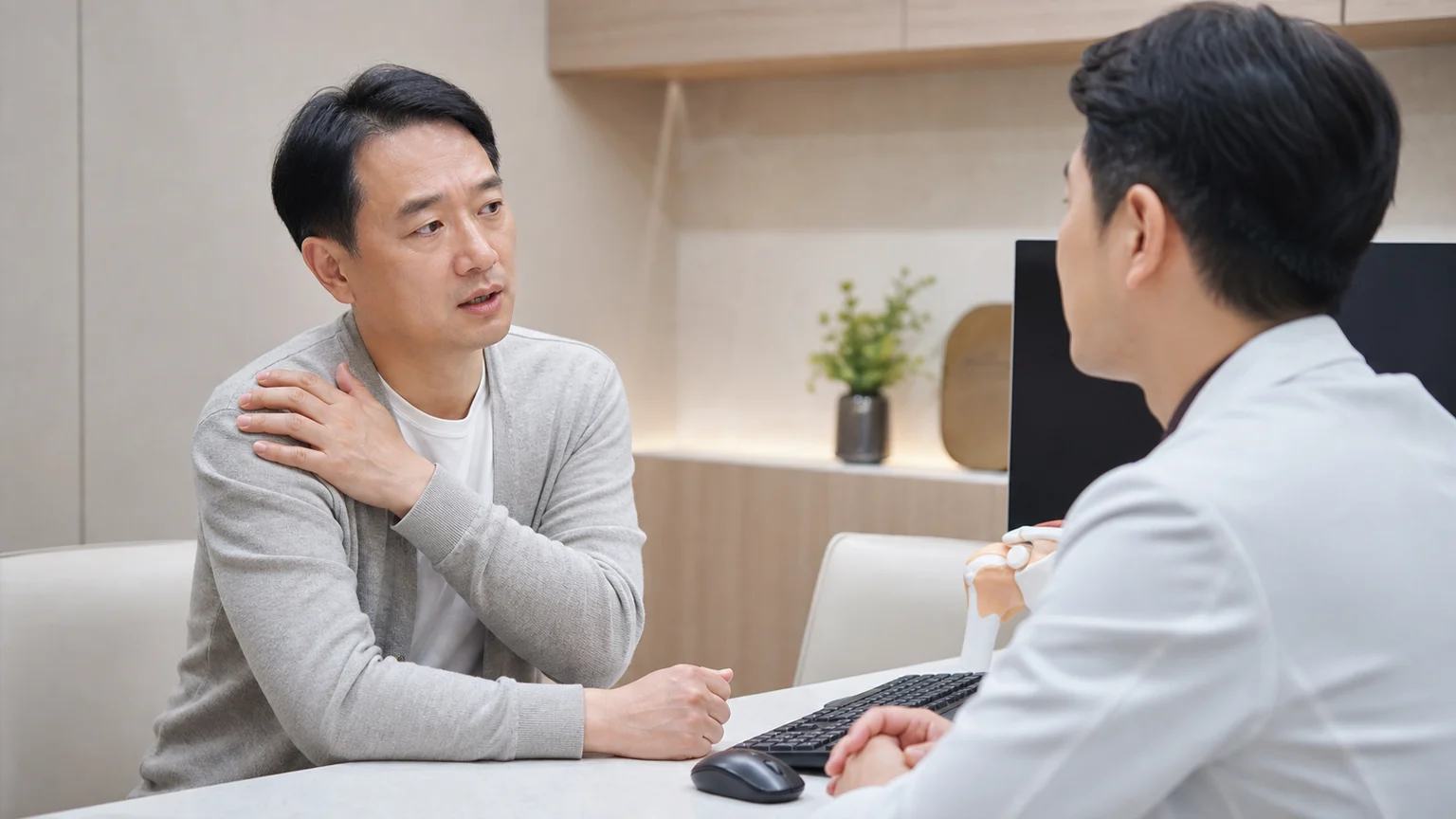 한국인 석회화건염 환자가 국내 한의원 초진 상담에서 어깨 통증과 팔 들기 제한을 설명하는 장면