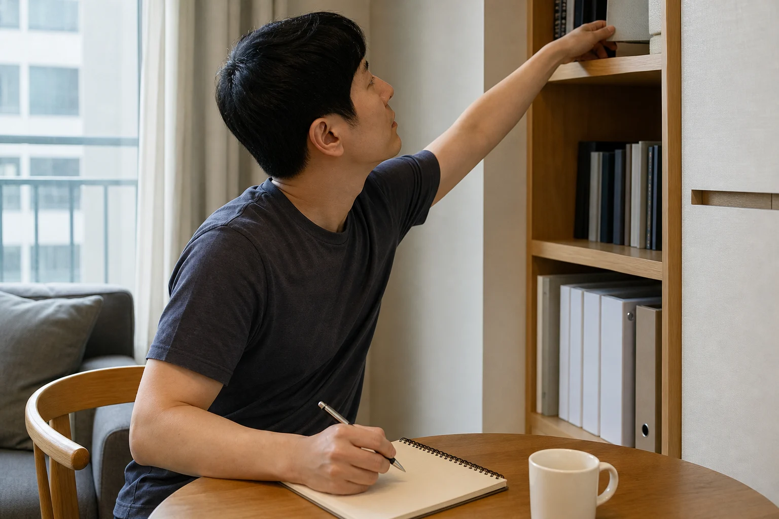 한국인 석회화건염 환자가 집에서 높은 선반을 잡을 때 어깨 통증을 느끼고 증상 기록을 남기는 장면