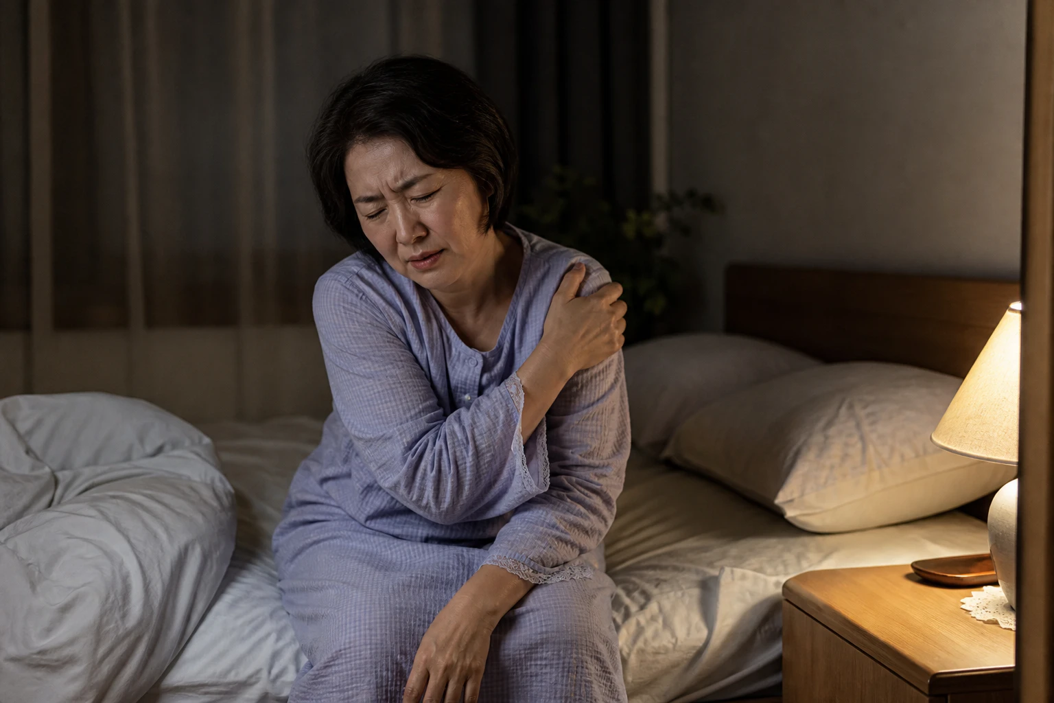 밤중에 어깨 통증이 심해 누워 있지 못하고 침대 가장자리에 앉은 한국인 여성 한 명의 장면