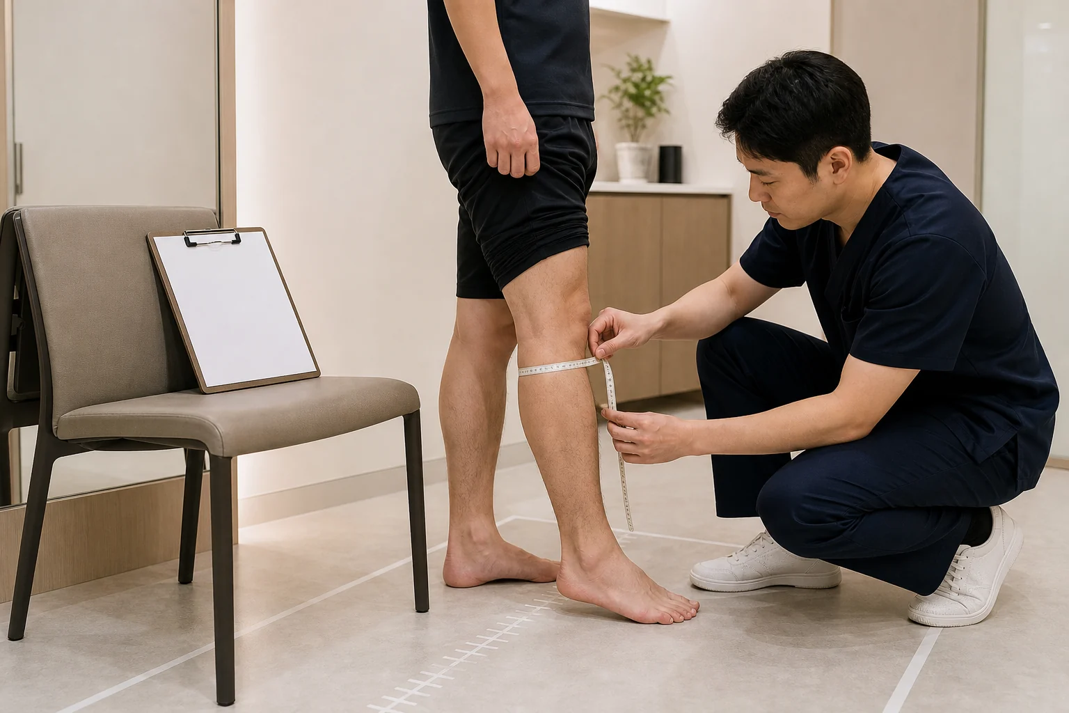 종아리근육통 진료 체크포인트에서 종아리 근육 긴장과 압통 위치를 확인하는 장면