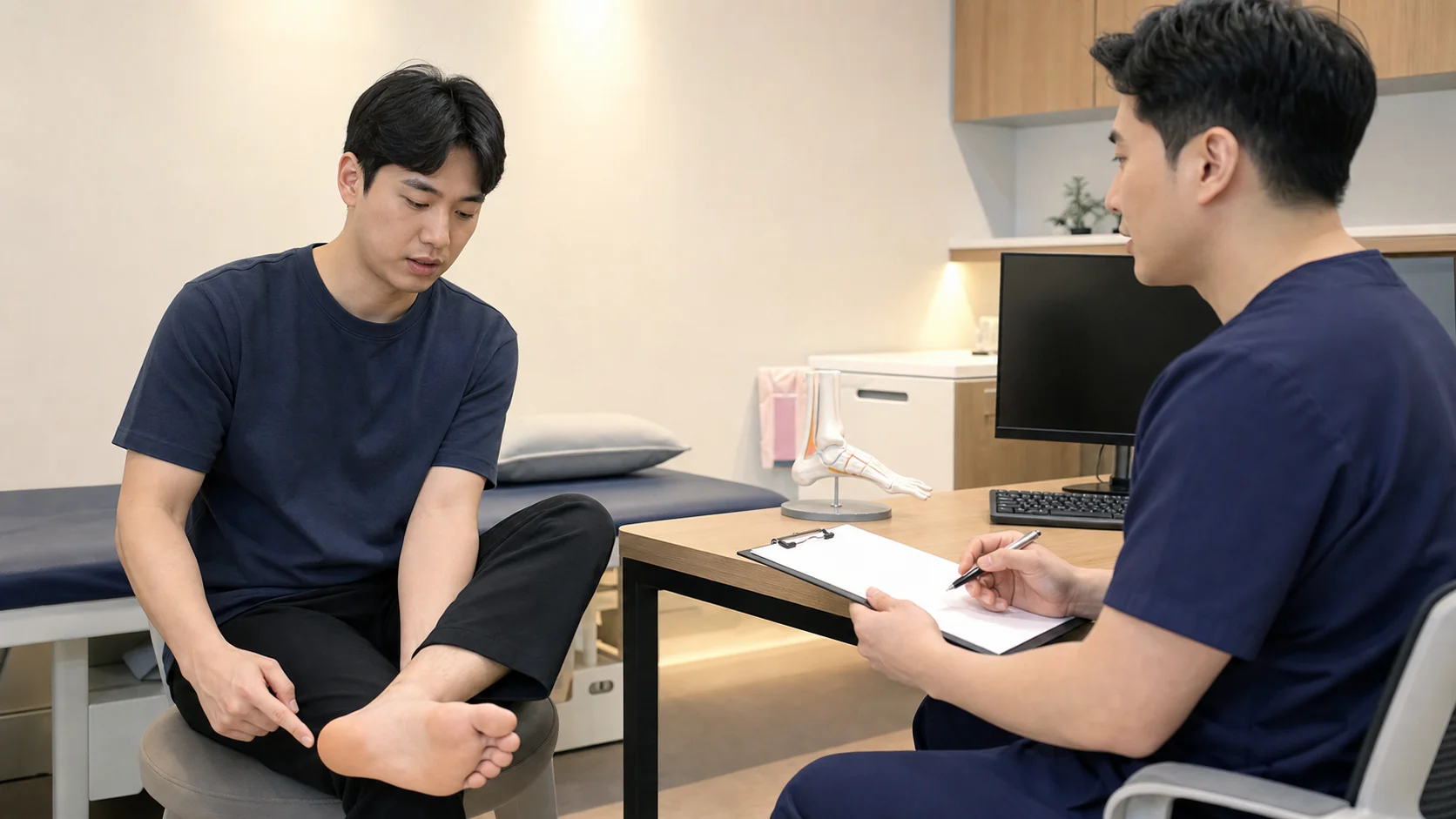 종아리근육통 환자가 국내 한의원 초진 상담에서 종아리 뒤쪽 당김을 설명하는 장면