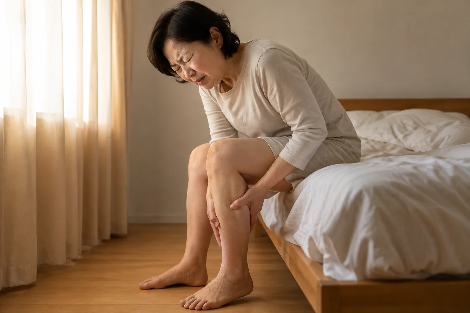 새벽에 종아리 쥐로 잠에서 깨어 침대 가장자리에 앉아 장딴지를 움켜쥔 한국인 성인