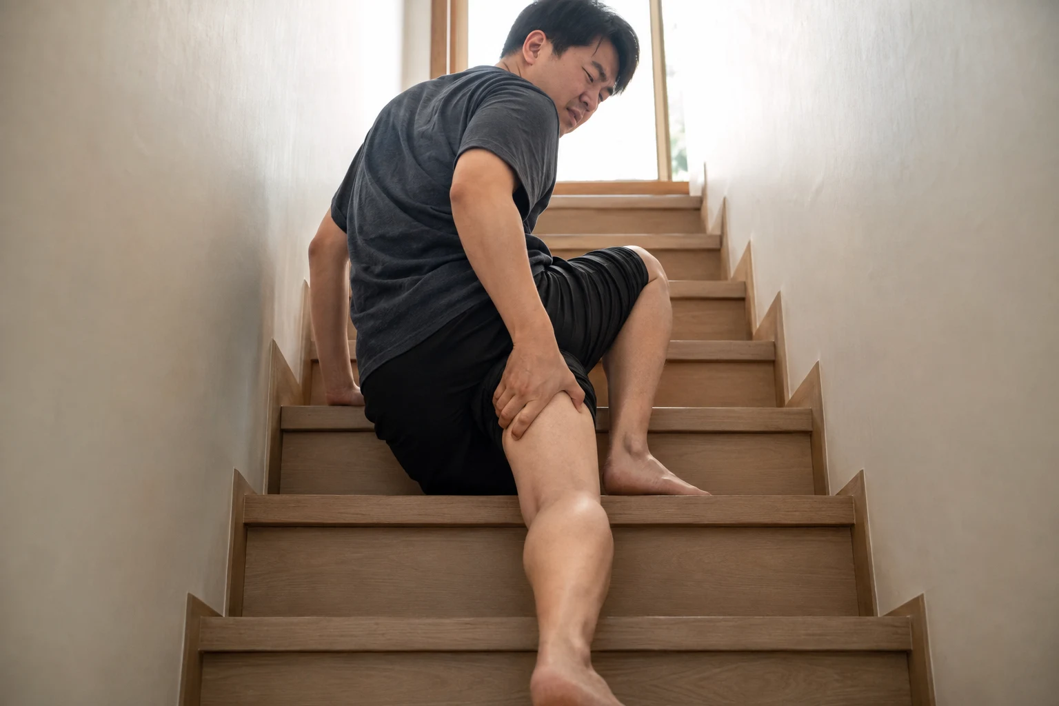 집 계단을 오르다 종아리 뒤쪽이 당겨 멈춰 앉아 장딴지를 감싸는 한국인 성인