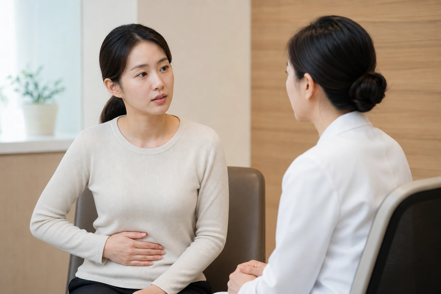 유산 후 조리 진료 전 증상과 검사·기록을 확인하는 장면