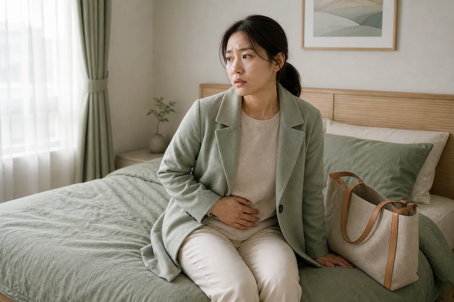 자궁경부이형성증 추적 중 예상하지 못한 출혈과 골반 불편이 걱정되는 한국인 여성 한 명이 외출 준비를 멈춘 생활 장면