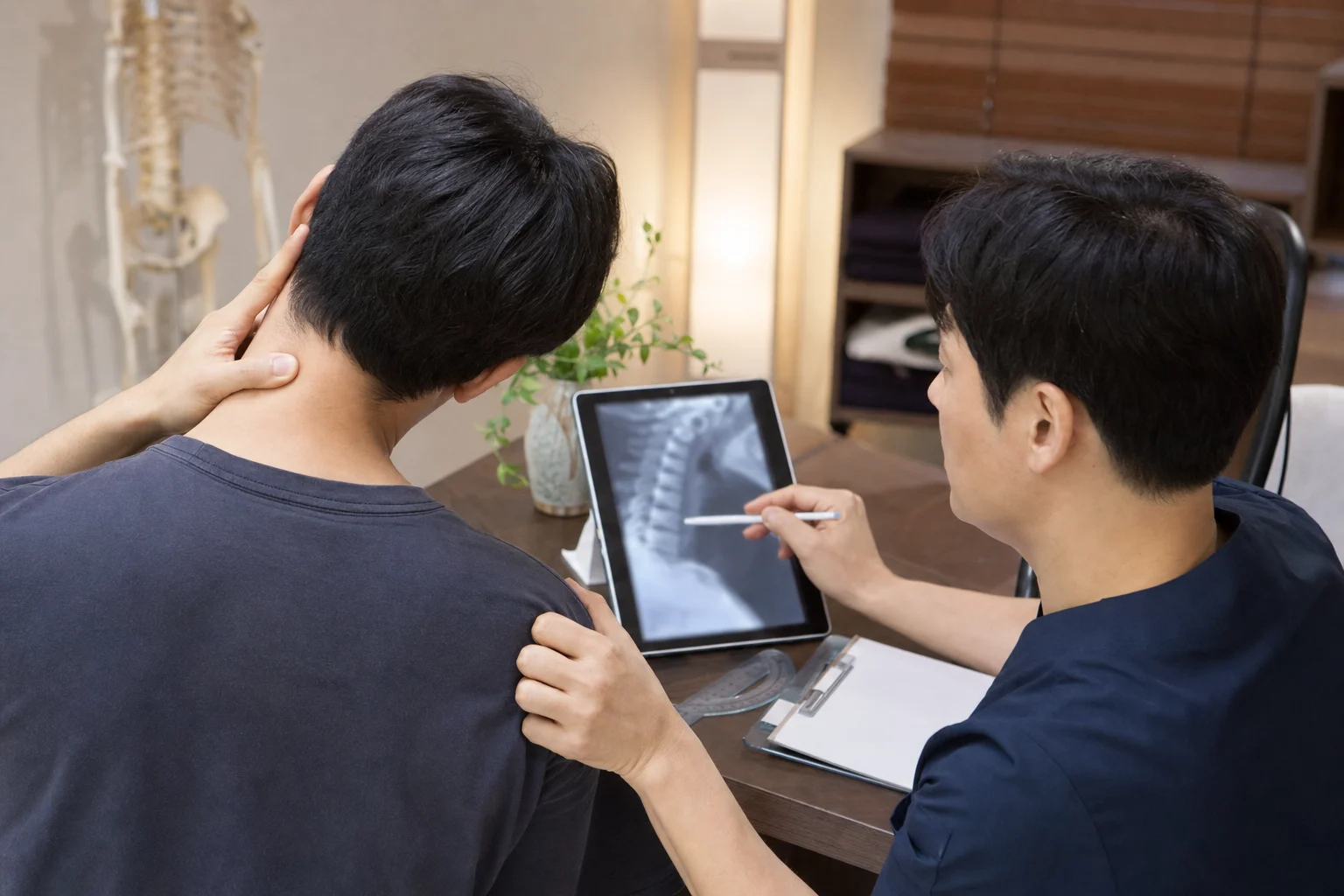 한국인 의료진이 경추염좌 환자의 목 가동범위와 영상 기록을 확인하는 국내 진료실 장면