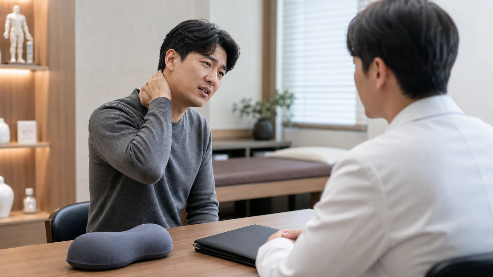 경추염좌 환자가 국내 한의원 상담 공간에서 목 통증과 움직임 제한을 설명하는 장면