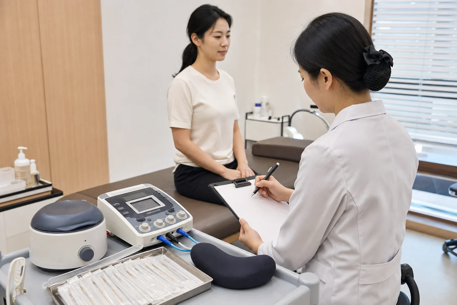 경추염좌 치료계획표와 침 치료 도구, 온열 장비가 준비된 국내 한의원 치료실 장면