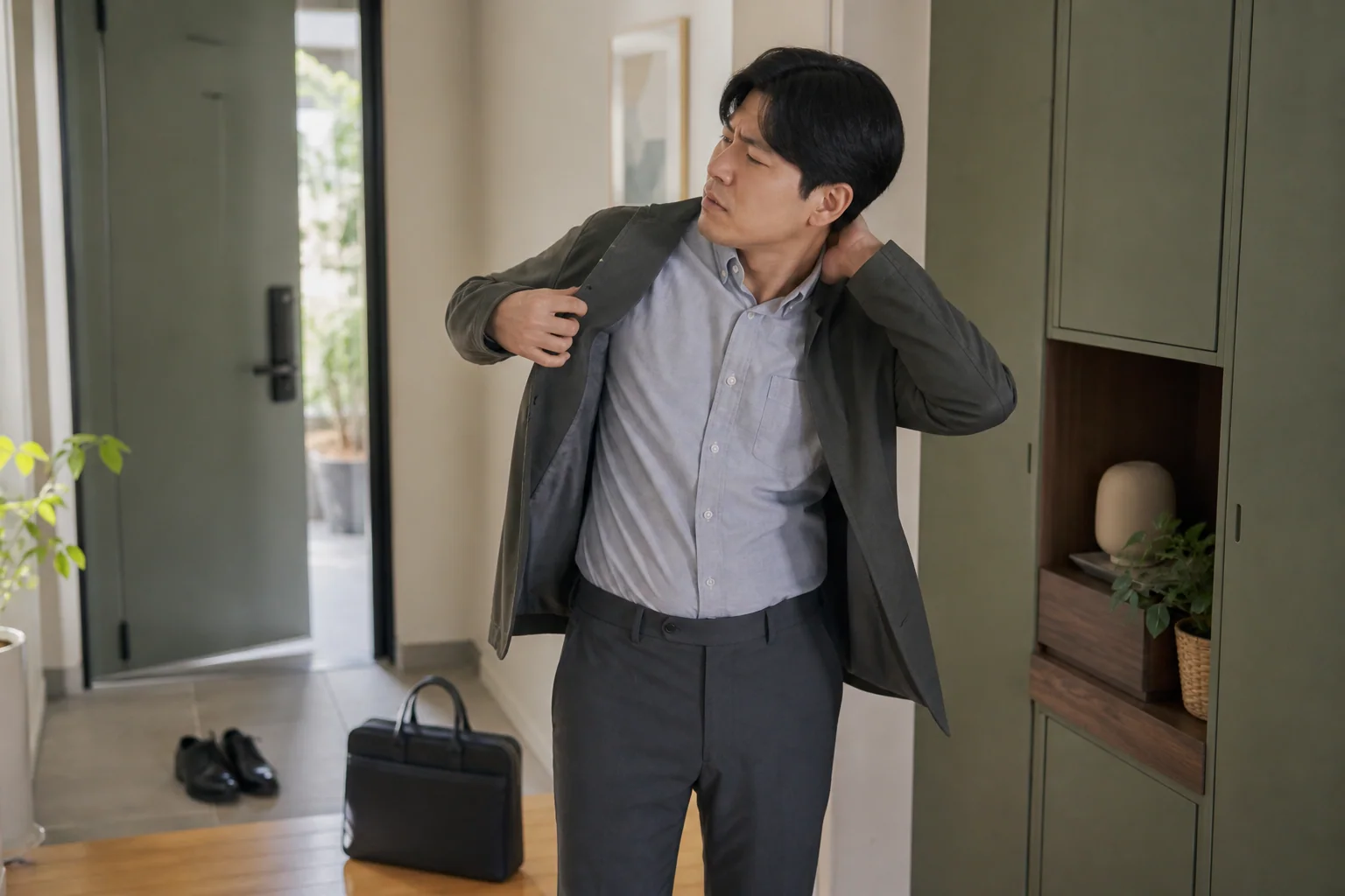 경추 염좌로 목이 뻣뻣하고 돌리기 어려운 한국인 남성 한 명이 현관에서 재킷을 입다 출근 준비를 멈춘 생활 장면