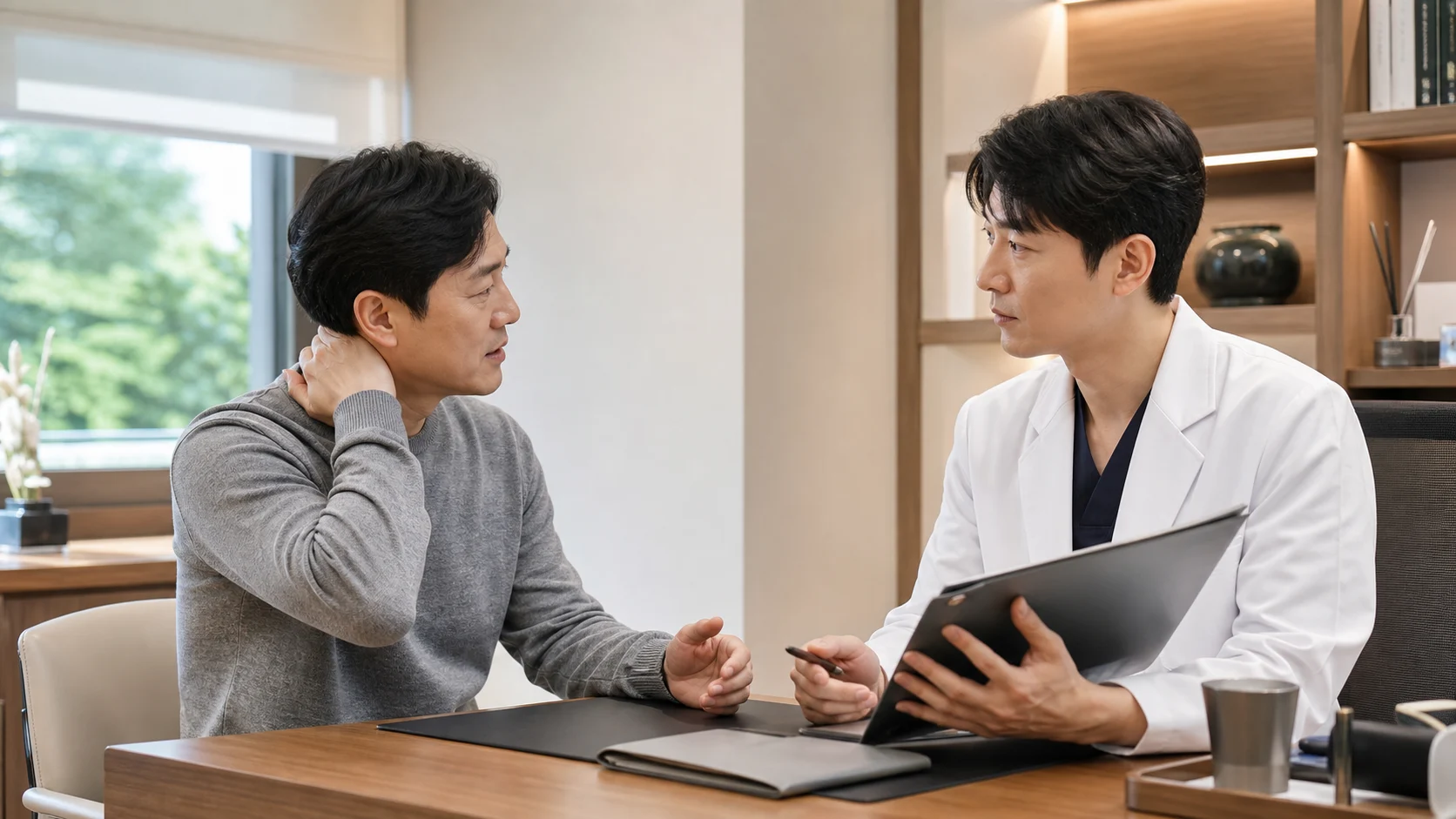 경추협착증 환자가 국내 한의원 상담실에서 목 통증과 팔 저림을 설명하는 장면