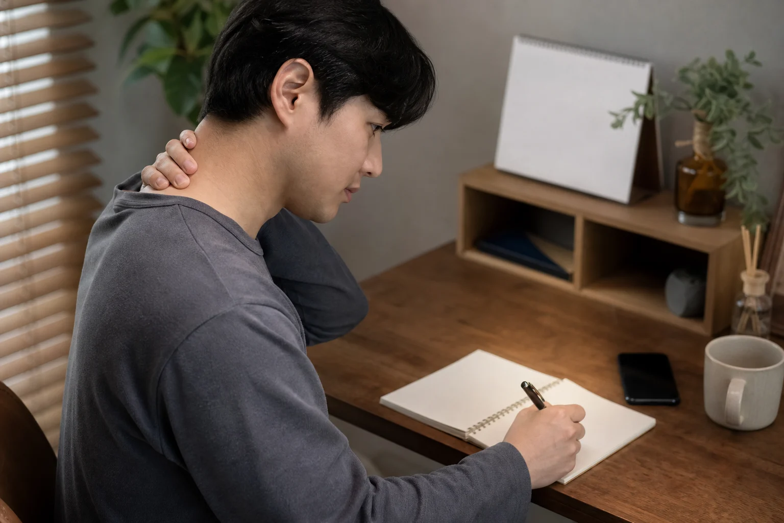 경추협착증 상담 전 목 통증과 팔 저림, 손 사용 변화를 기록하는 한국인 환자