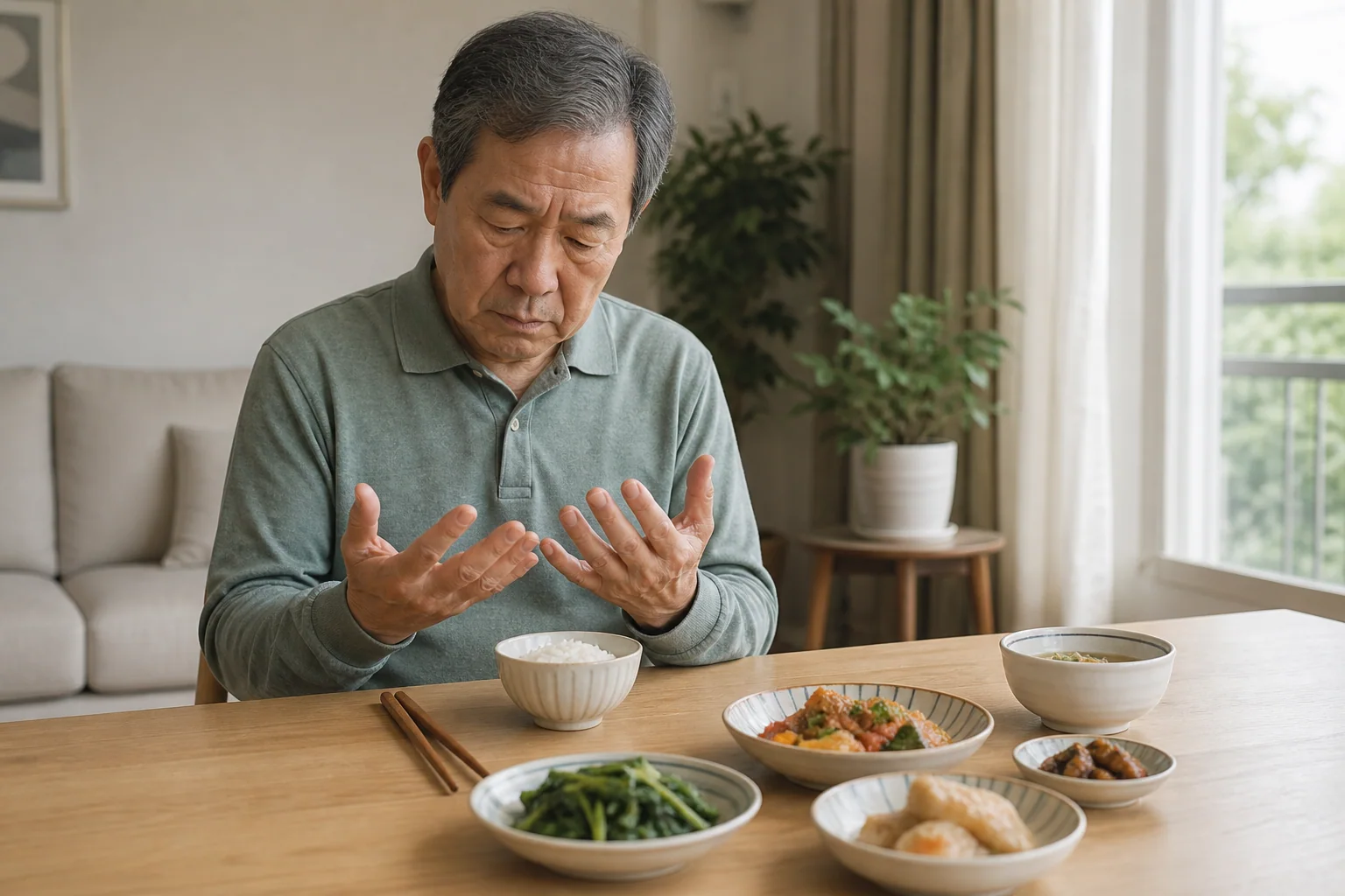 경추 협착으로 양손이 저리고 서툴러진 한국인 고령 남성 한 명이 젓가락을 내려놓고 식사를 멈춘 생활 장면
