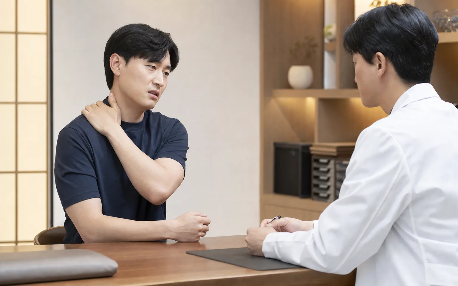 경추성 팔통증 환자가 국내 한의원 진료실에서 목과 팔 통증을 상담하는 장면