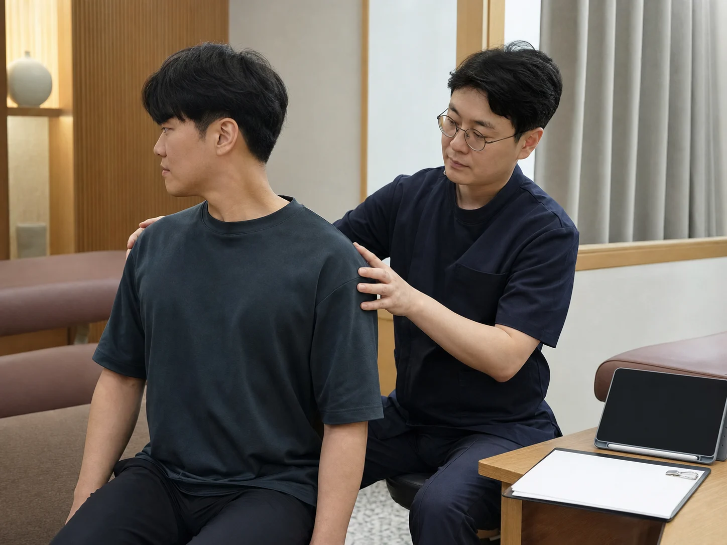 국내 한의원 진료실에서 경추성어지럼 환자의 목 회전과 어깨 긴장을 확인하는 장면