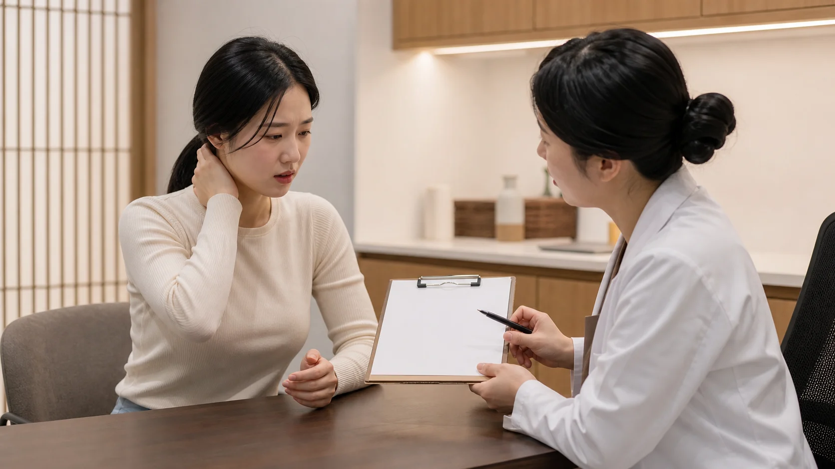 경추성어지럼 환자가 목 불편과 어지럼 양상을 국내 한의원 상담실에서 설명하는 장면