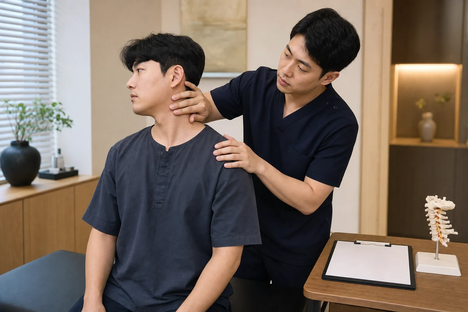국내 한의원 진료실에서 경추성두통 환자의 목 회전과 어깨 긴장을 확인하는 장면