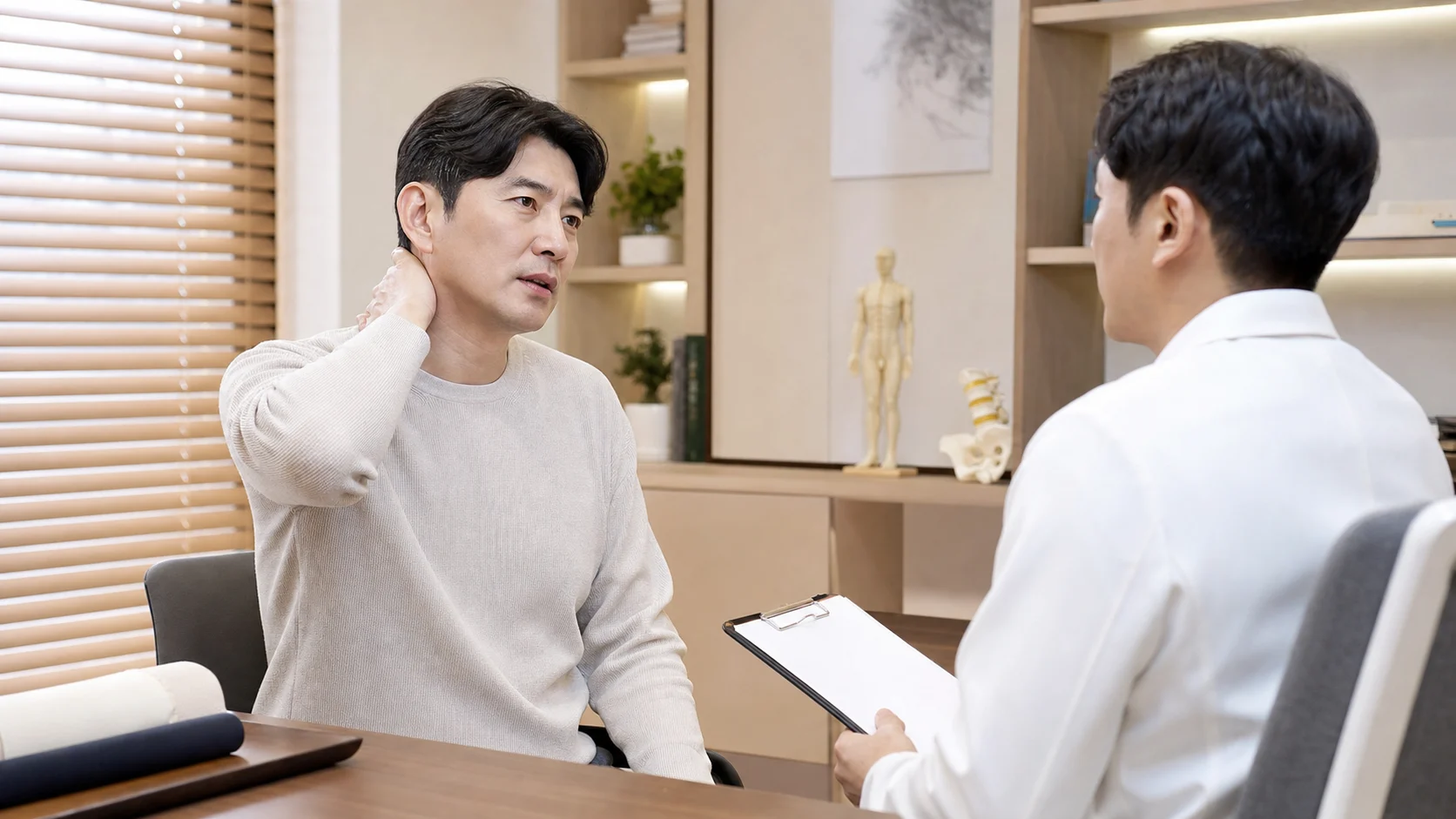 경추성두통 환자가 국내 한의원 상담실에서 뒤통수 통증과 목 뻣뻣함을 설명하는 장면